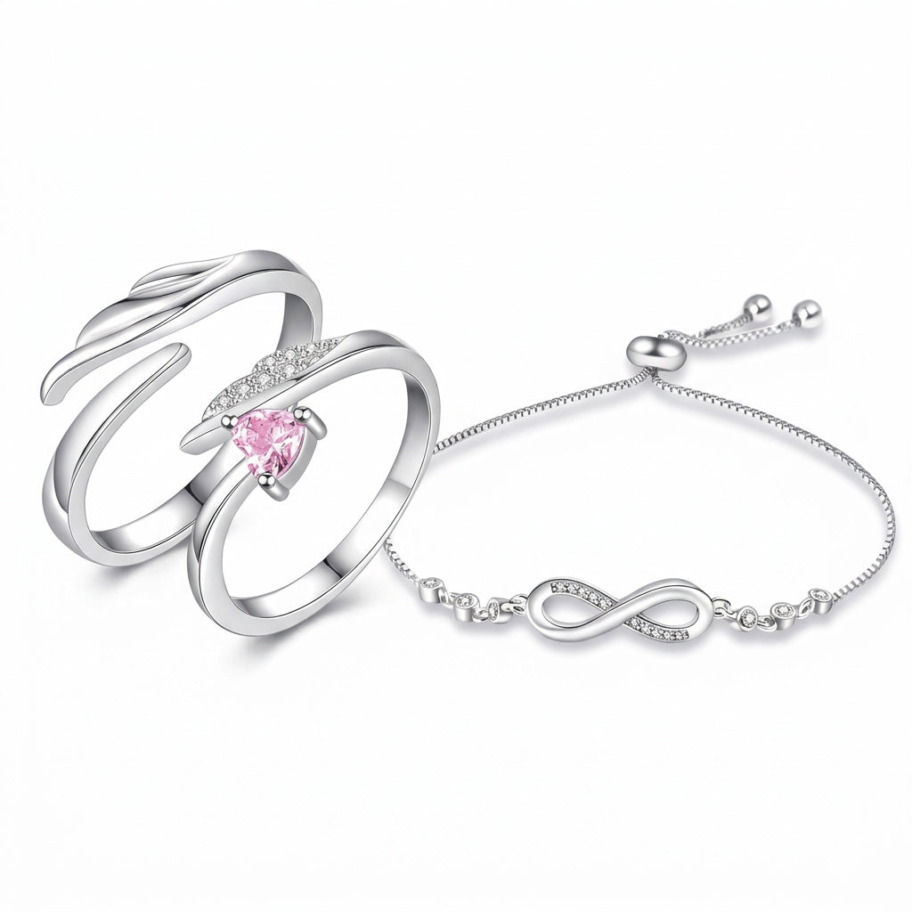 Silver Infinity Bracelet & Pink Heart Ring Combo Set for Women