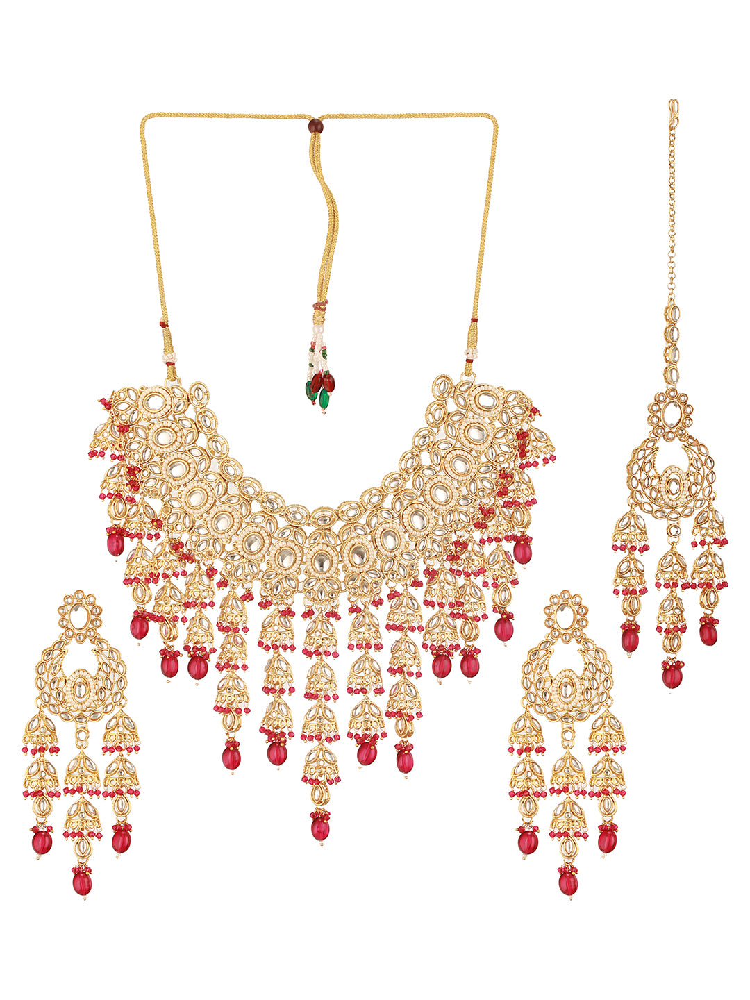 Jazz And Sizzle 18 k Gold-Plated Red & White Kundan Studded & Beaded Handcrafted Jewellery Set with Maangtikka