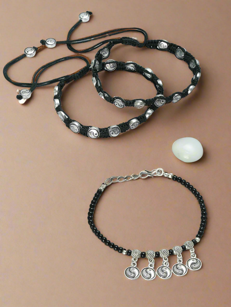 Set Of 3 Silver-Toned & Black Beaded Tribal Thread Anklets/Bracelet