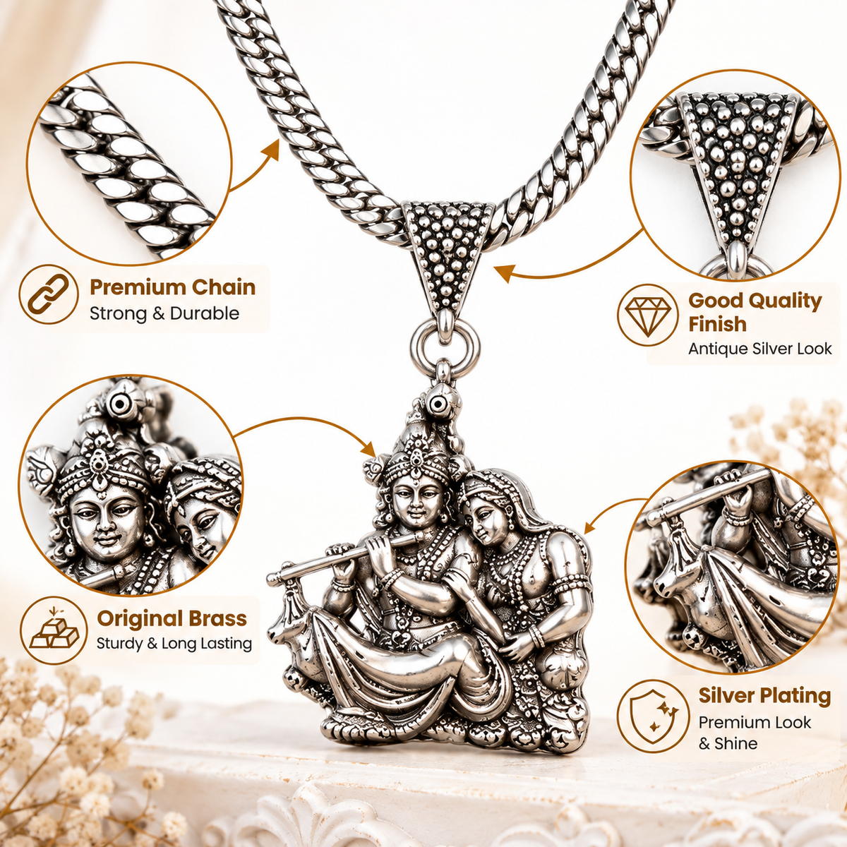 Antique Silver-Toned Brass Radha Krishna Pendant Chain-JS-SNL-021