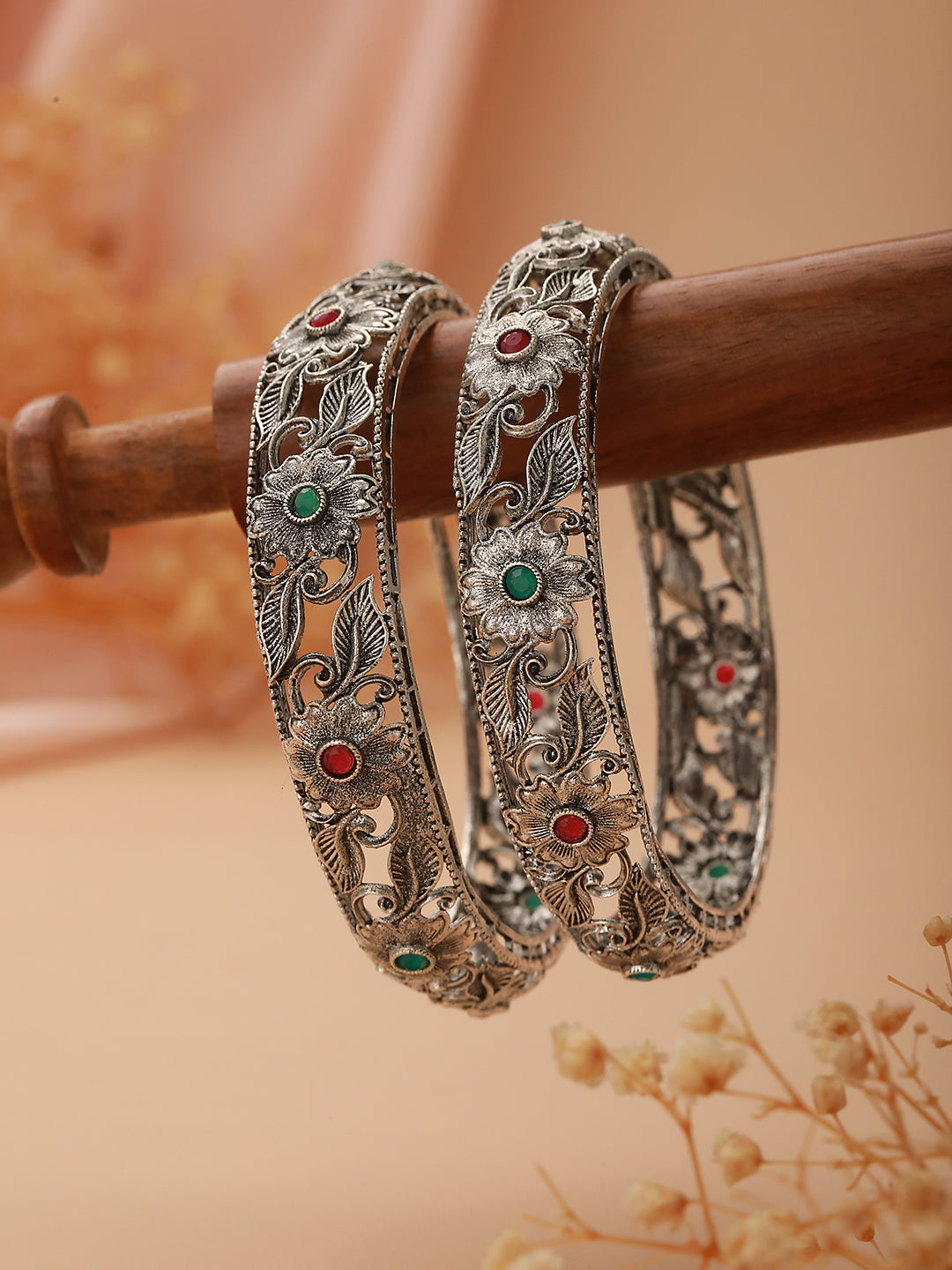 Jazz And Sizzle Set Of 2 Oxidised Silver-Toned Green & Red Stone Studded Traditional Bangles