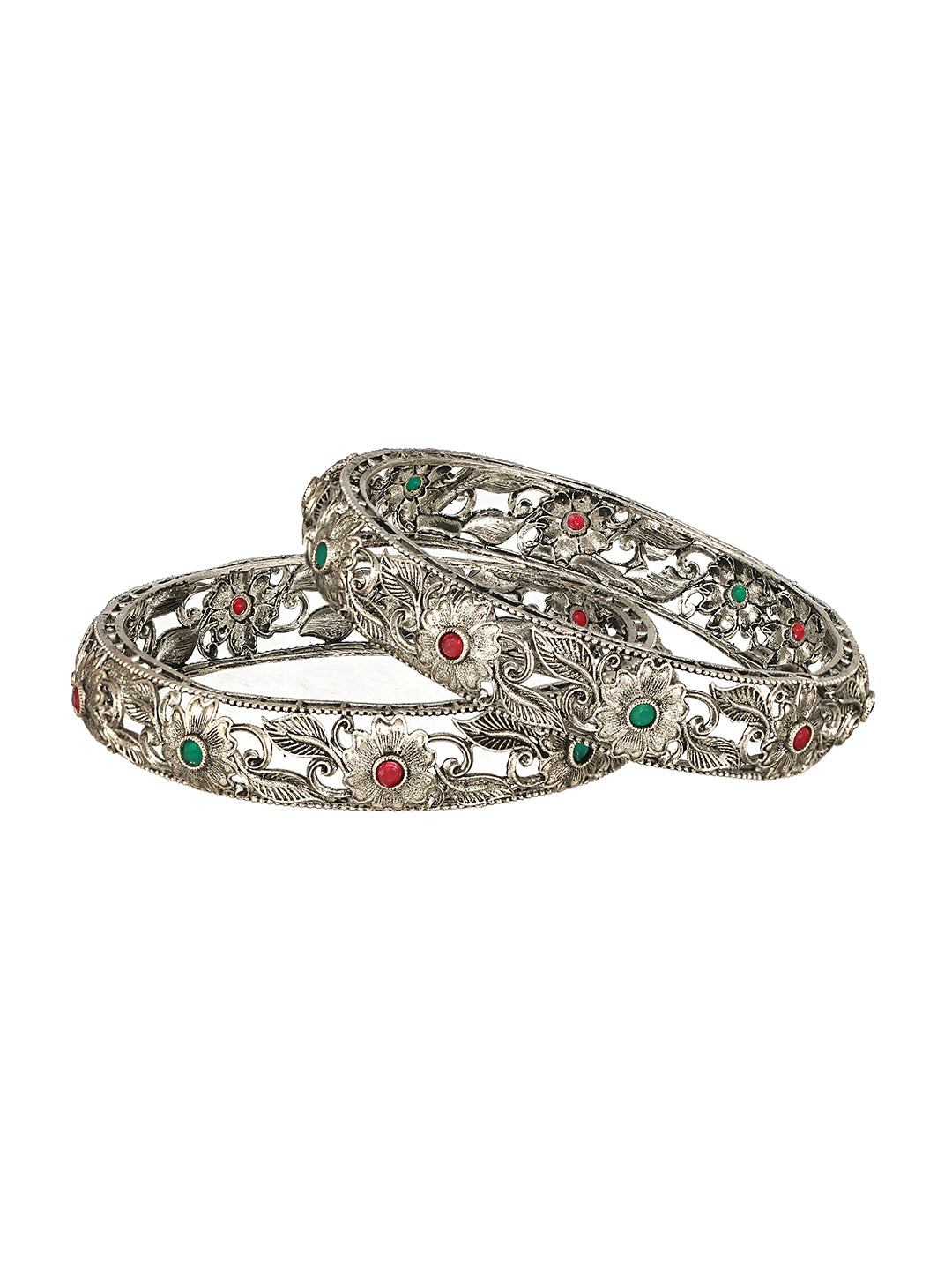 Jazz And Sizzle Set Of 2 Oxidised Silver-Toned Green & Red Stone Studded Traditional Bangles