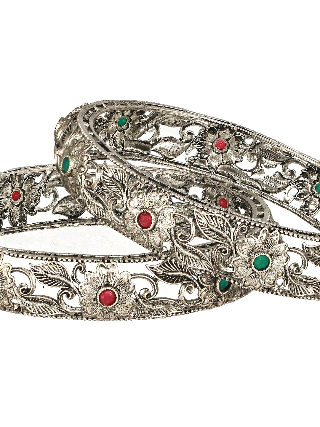 Jazz And Sizzle Set Of 2 Oxidised Silver-Toned Green & Red Stone Studded Traditional Bangles