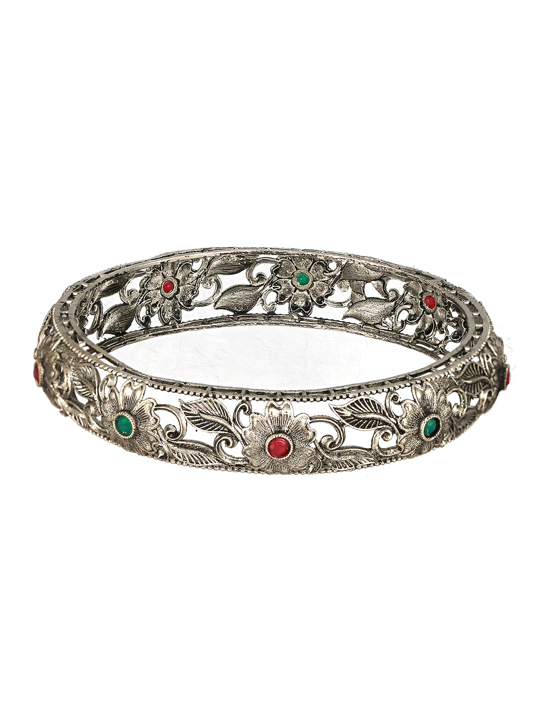 Jazz And Sizzle Set Of 2 Oxidised Silver-Toned Green & Red Stone Studded Traditional Bangles