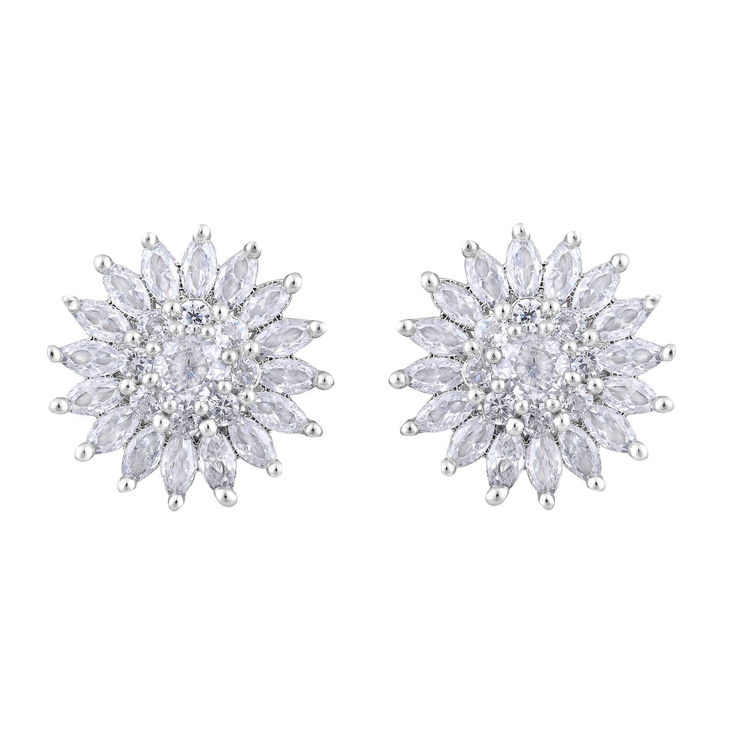 Jazz And Sizzle Rhodium-Plated CZ-Studded Floral Studs Earrings