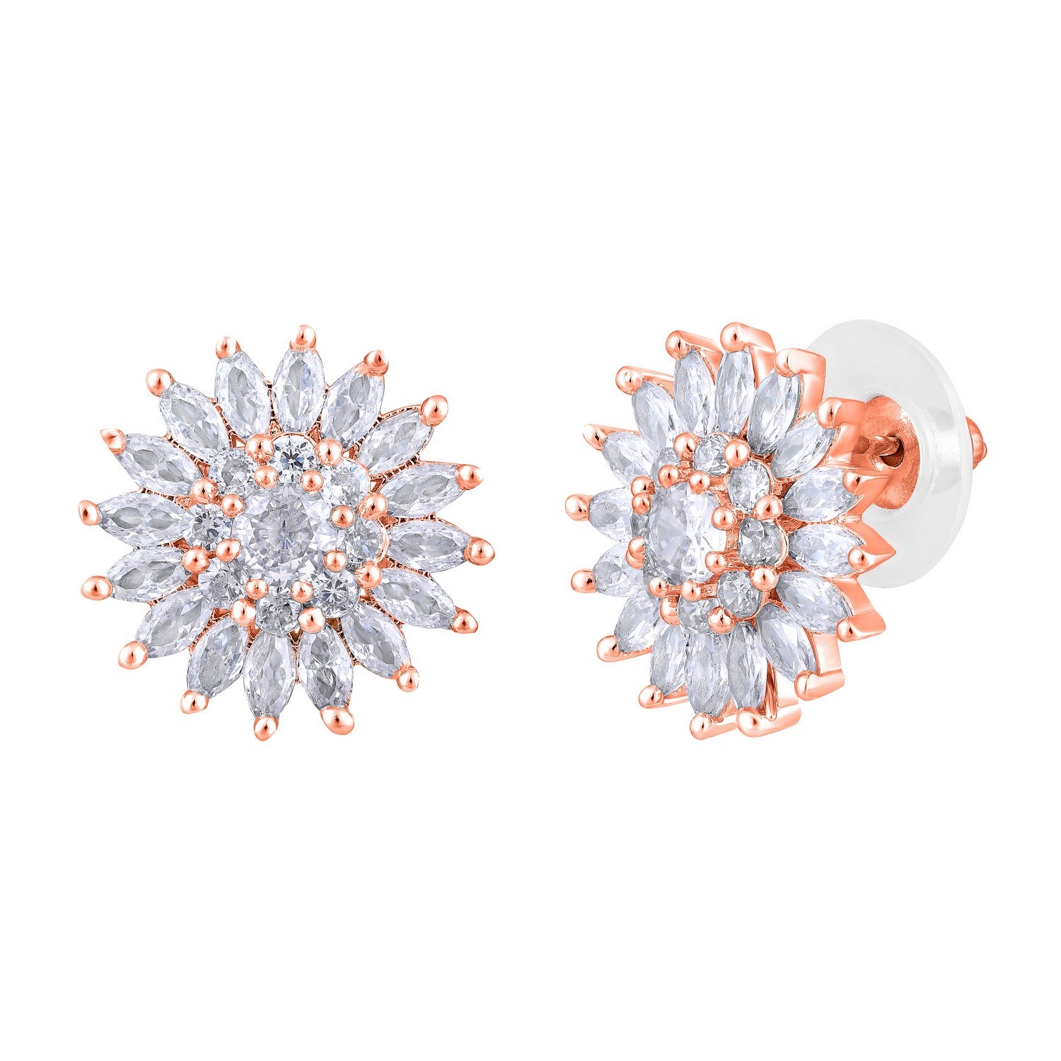 Jazz And Sizzle Rose Gold-Plated CZ-Studded Floral Studs Earrings