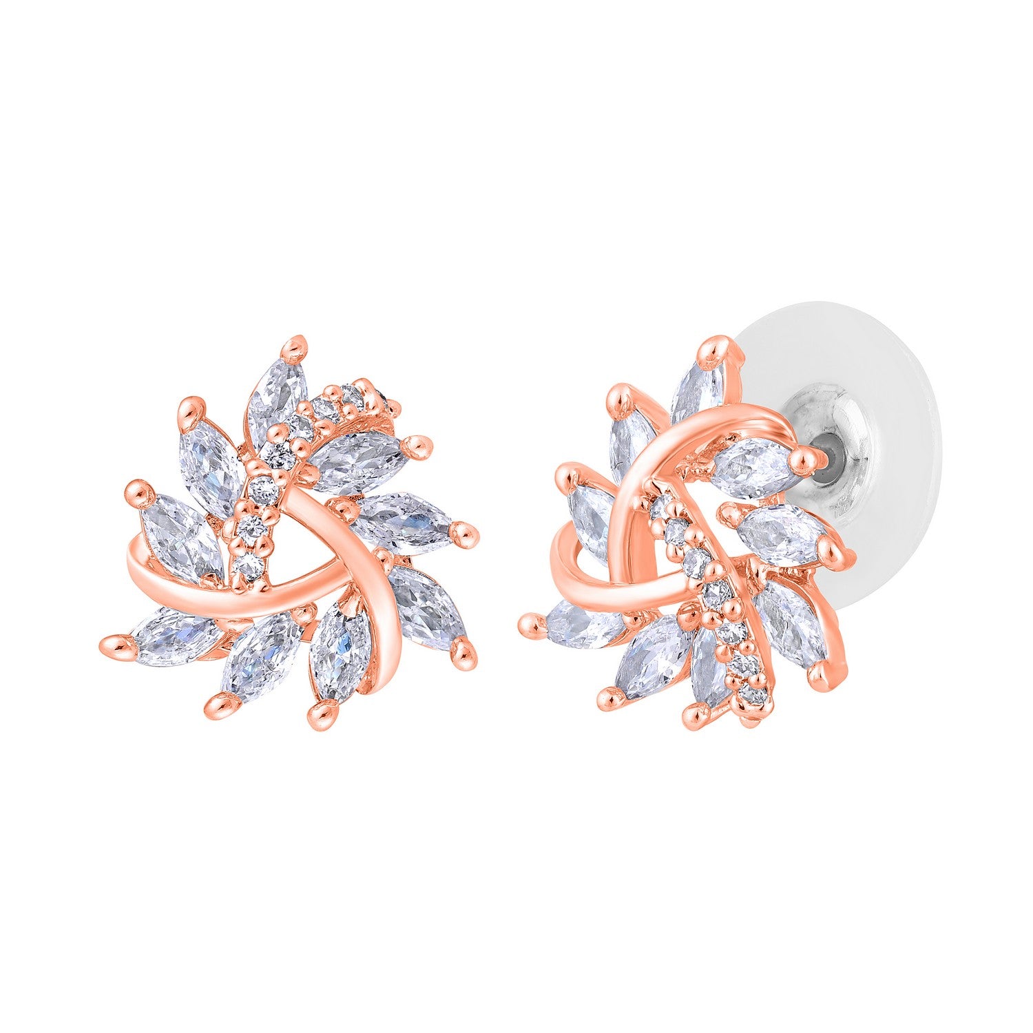 Jazz And Sizzle Rose Gold-Plated CZ Studded Triangular Floral Studs Earrings