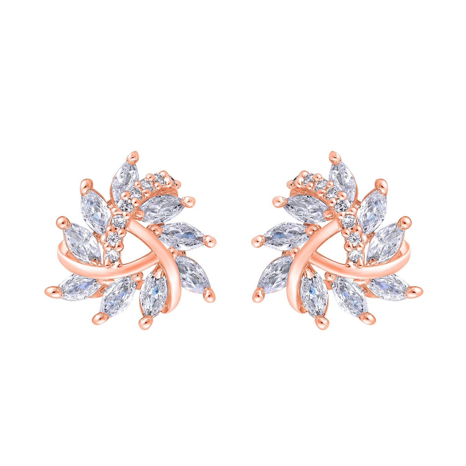 Jazz And Sizzle Rose Gold-Plated CZ Studded Triangular Floral Studs Earrings