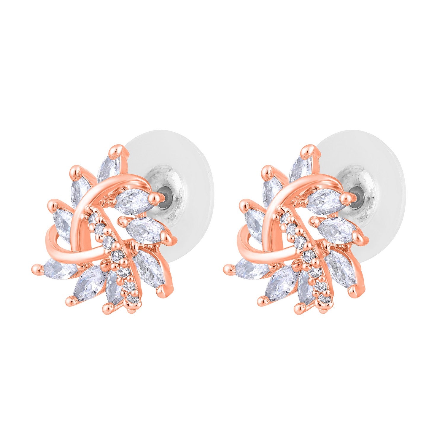 Jazz And Sizzle Rose Gold-Plated CZ Studded Triangular Floral Studs Earrings