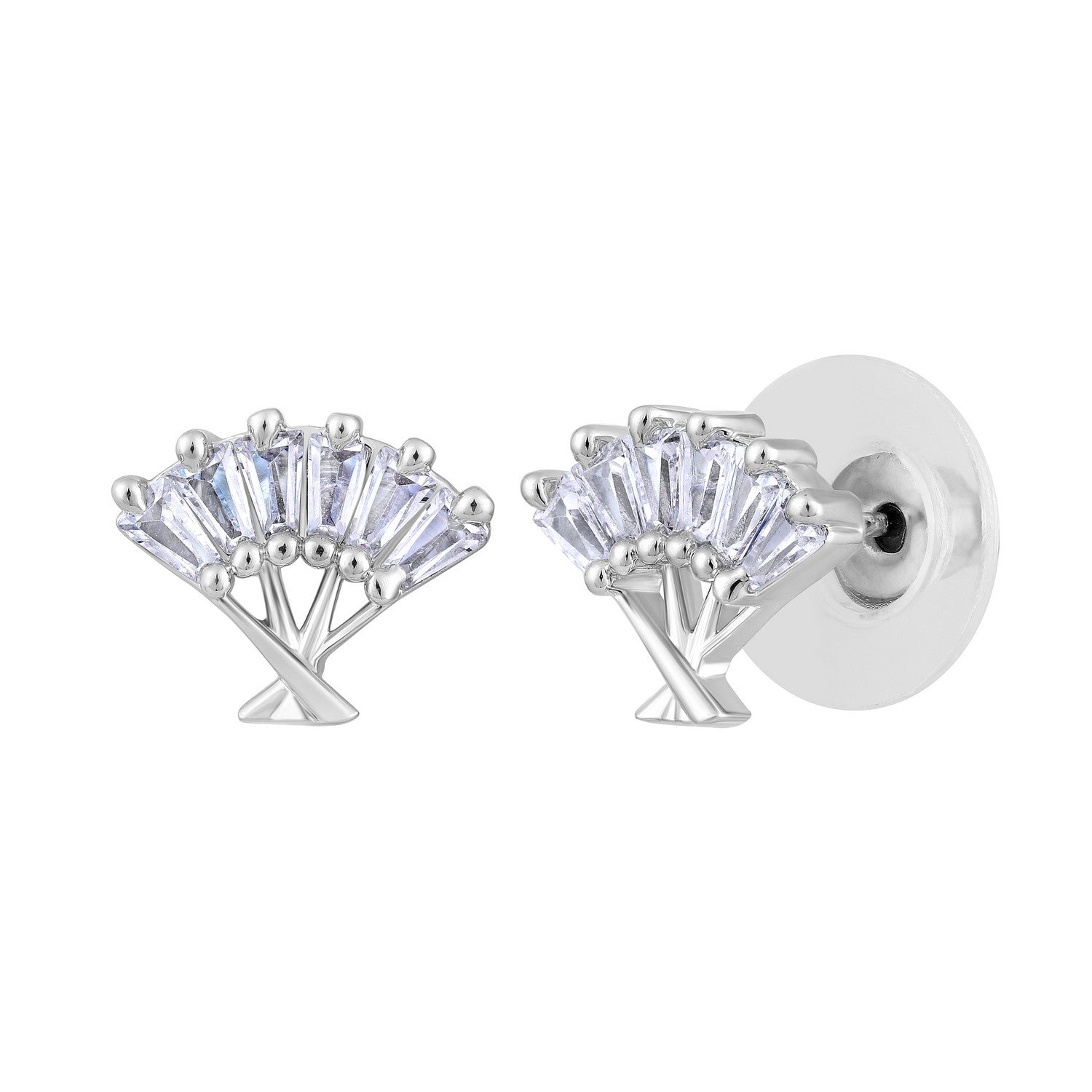 Jazz And Sizzle Silver-Toned Rhodium-Plated CZ-Studded Fan Shaped Stud Earrings