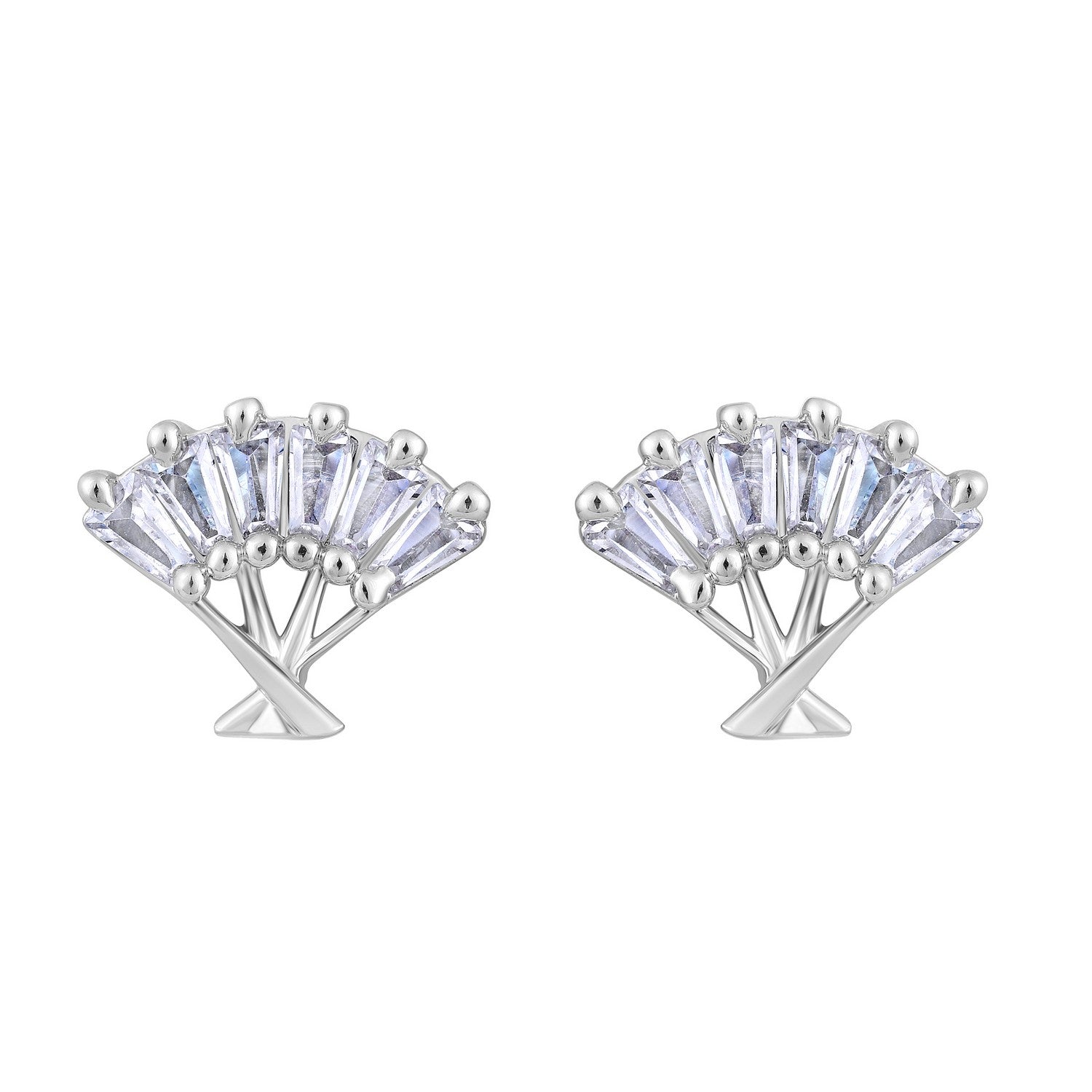 Jazz And Sizzle Silver-Toned Rhodium-Plated CZ-Studded Fan Shaped Stud Earrings