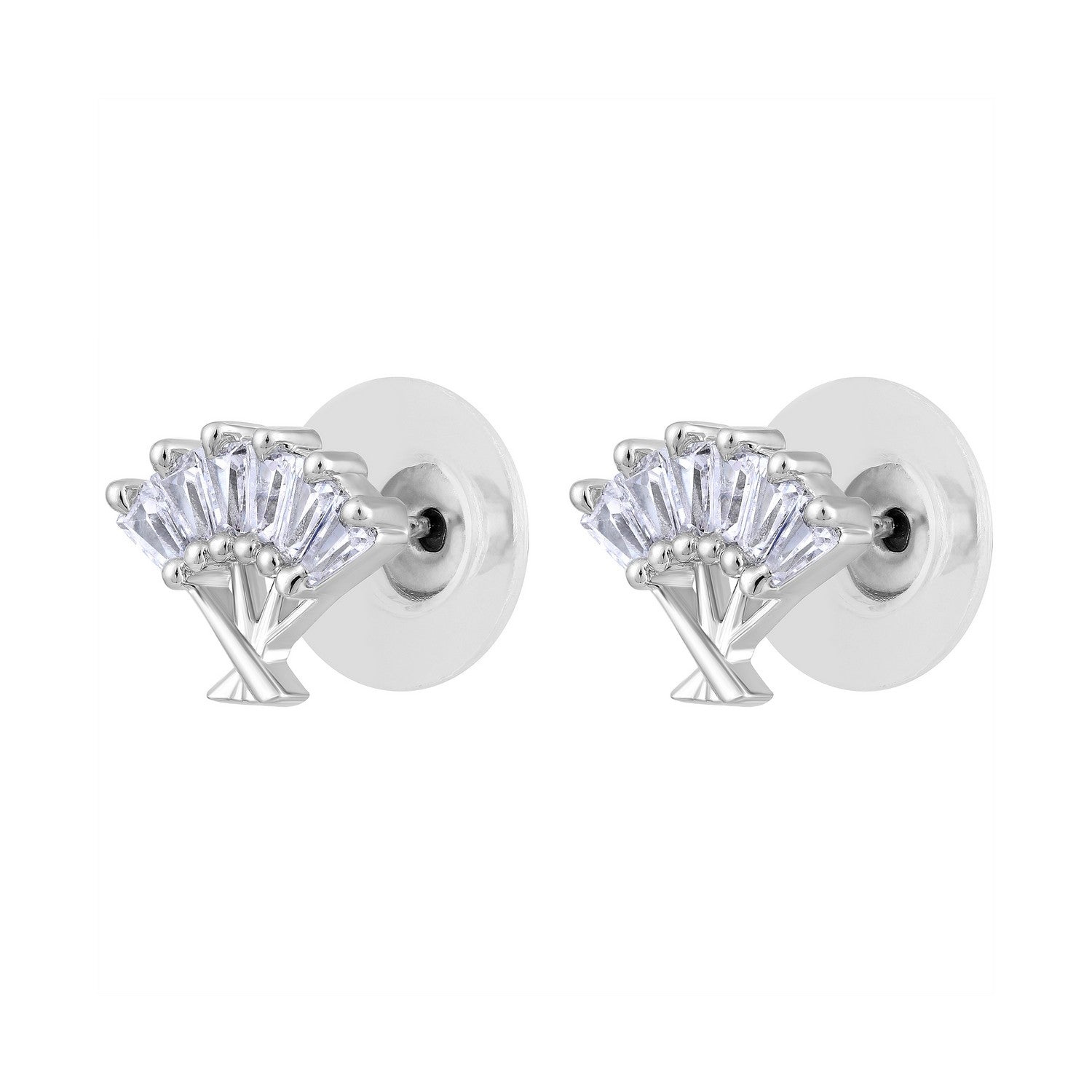 Jazz And Sizzle Silver-Toned Rhodium-Plated CZ-Studded Fan Shaped Stud Earrings