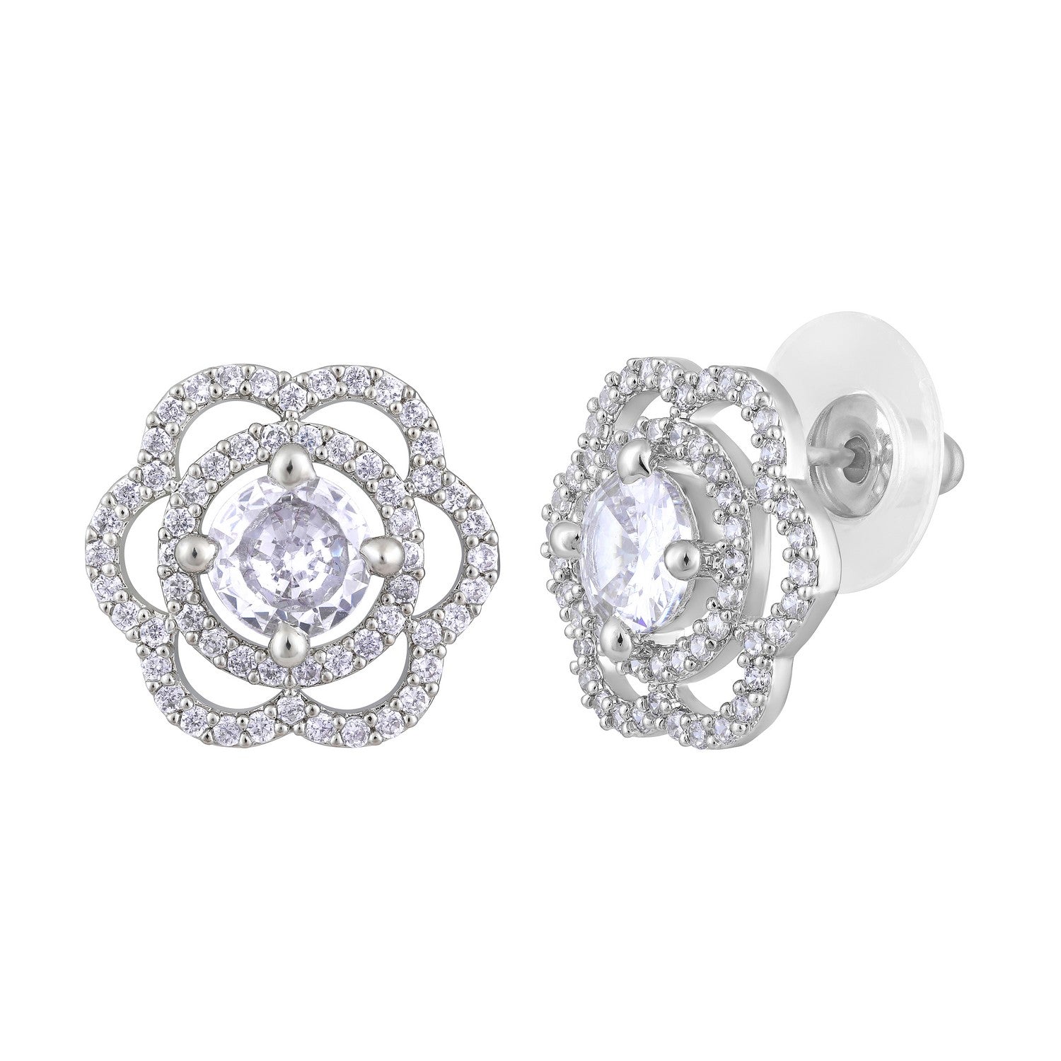 Jazz And Sizzle Silver Rhodium-Plated Floral Studs Earrings
