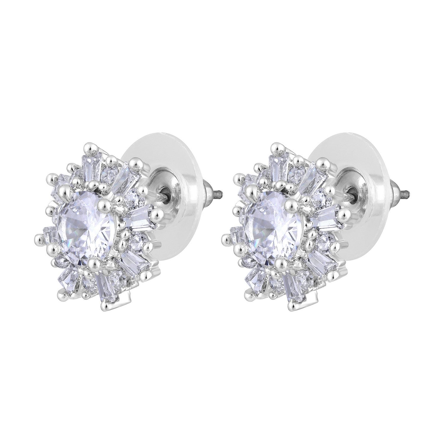 Jazz And Sizzle Silver-Plated American Diamond Studded Floral Stud Earrings