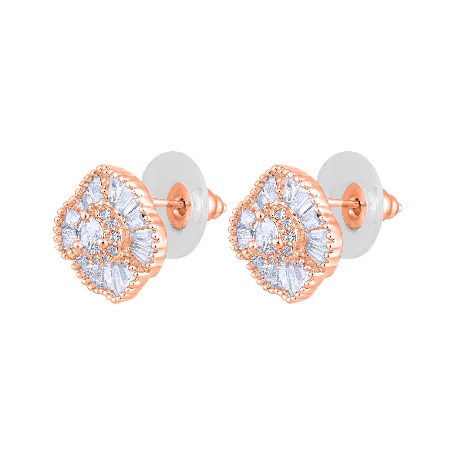 Jazz And Sizzle Rose Gold-Plated American Diamond Studded Floral Stud Earrings