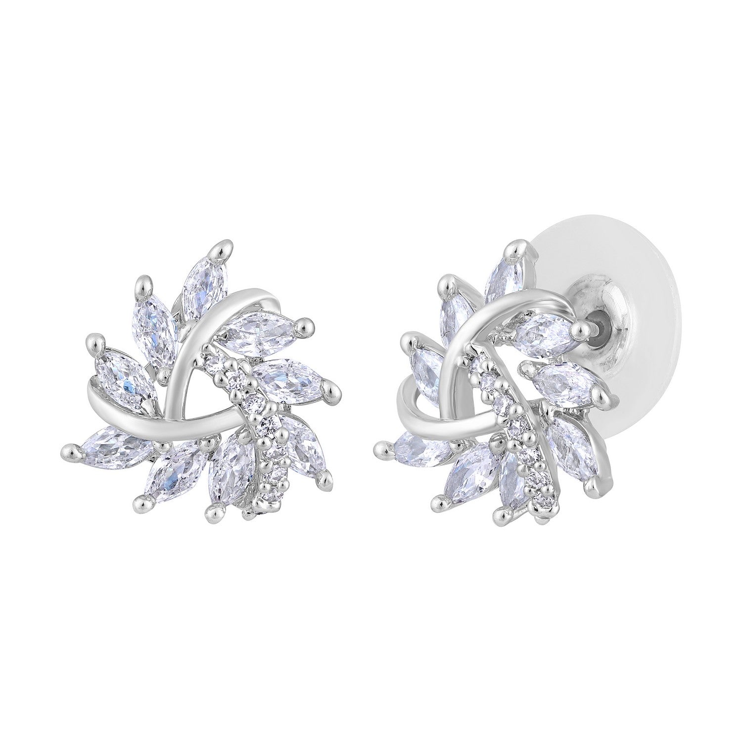 Jazz And Sizzle Rhodium-Plated CZ Studded Triangular Floral Studs Earrings