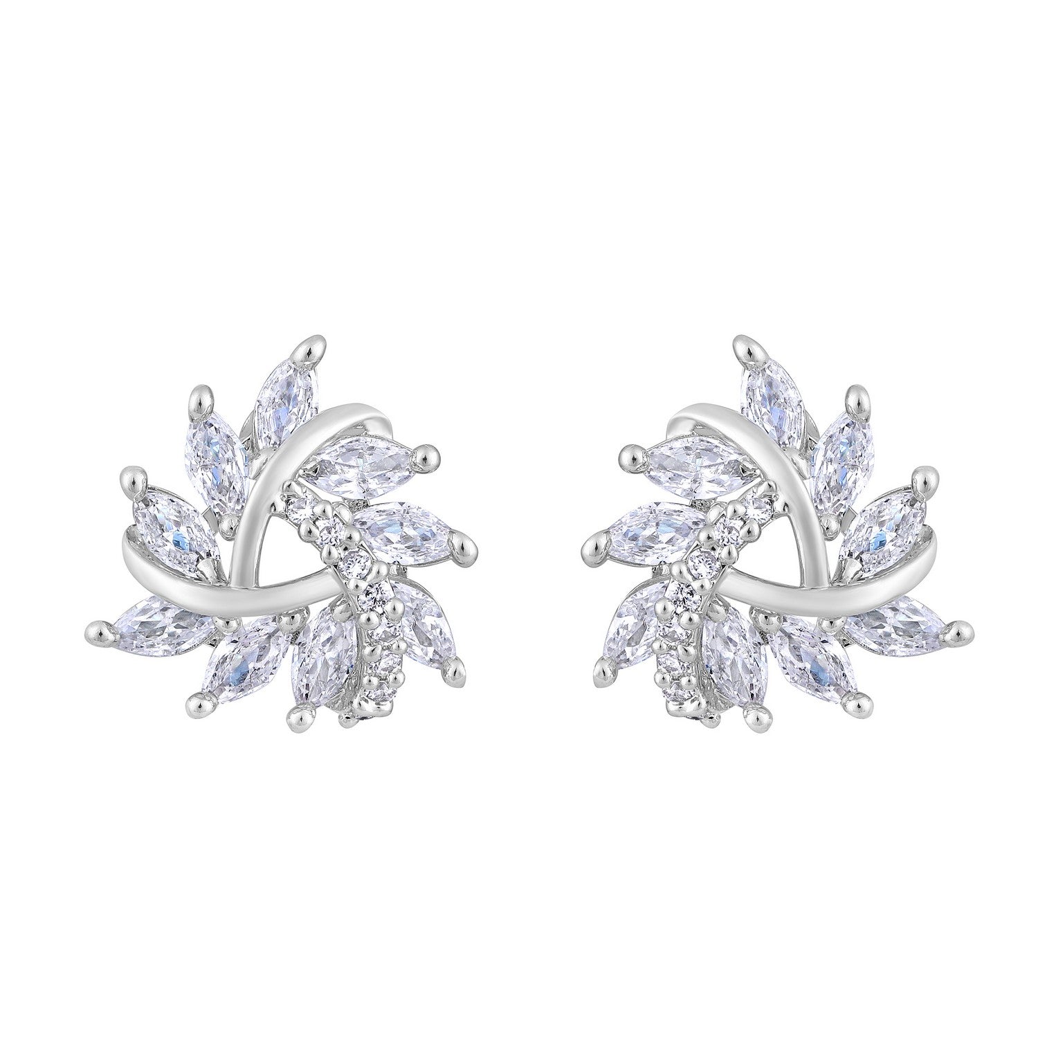 Jazz And Sizzle Rhodium-Plated CZ Studded Triangular Floral Studs Earrings