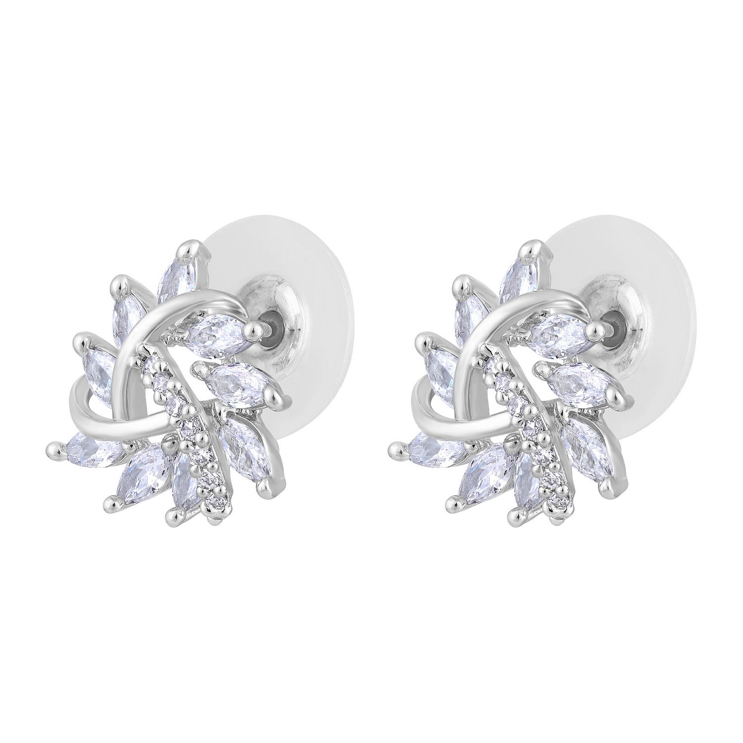 Jazz And Sizzle Rhodium-Plated CZ Studded Triangular Floral Studs Earrings