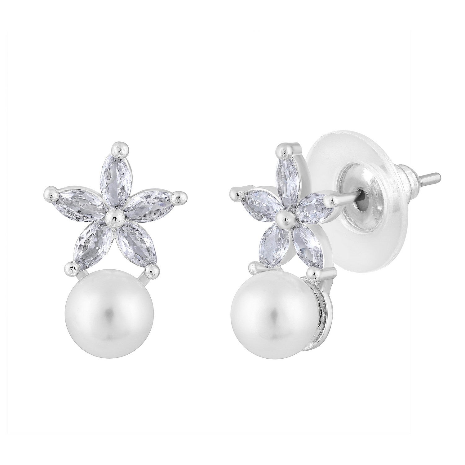 Jazz And Sizzle Rhodium Plated Floral Shaped Pearl Studded Drop Earrings