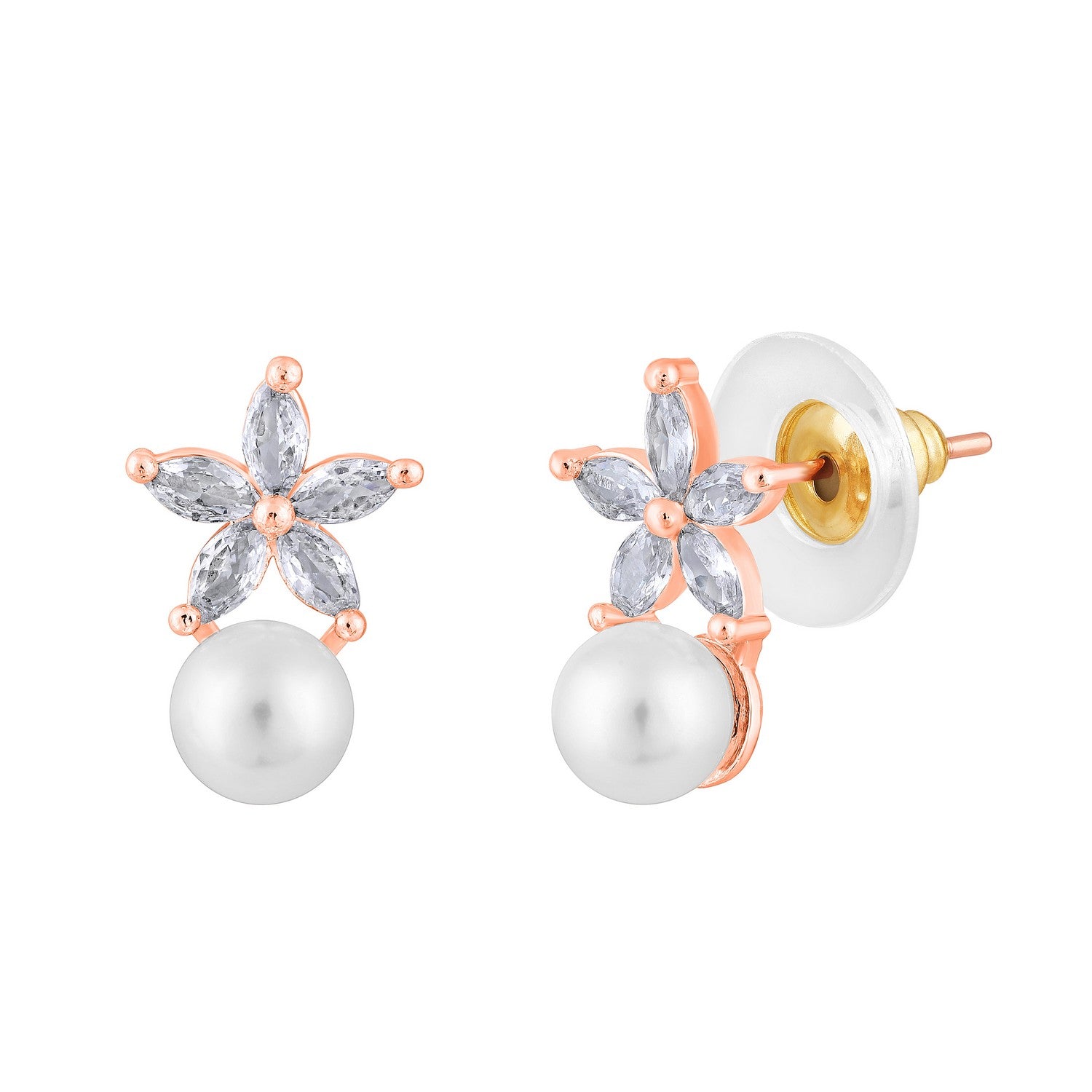 Jazz And Sizzle Rose Gold-Plated Floral Shaped Pearl Studded Drop Earrings