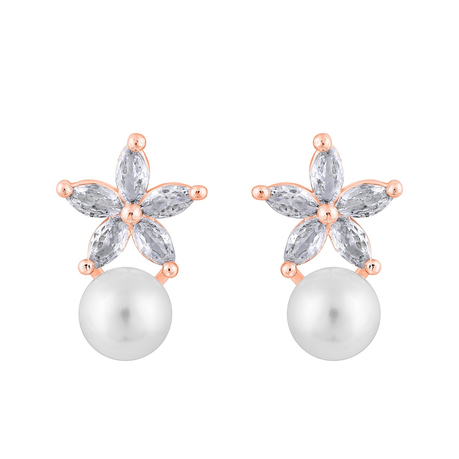 Jazz And Sizzle Rose Gold-Plated Floral Shaped Pearl Studded Drop Earrings