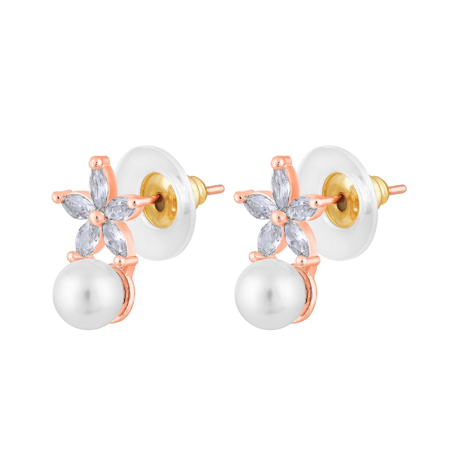 Jazz And Sizzle Rose Gold-Plated Floral Shaped Pearl Studded Drop Earrings