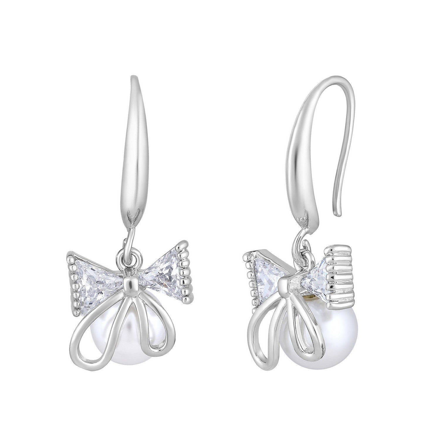 Jazz And Sizzle Rhodium Plated Bow Shaped Pearl Studded Drop Earrings