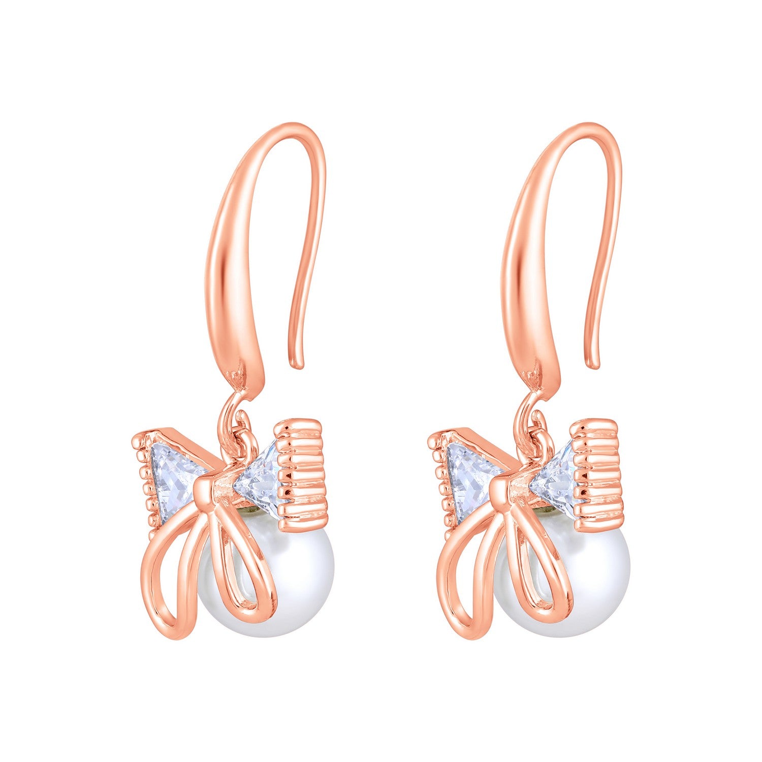 Jazz And Sizzle Rose Gold-Plated Bow Shaped Pearl Studded Drop Earrings