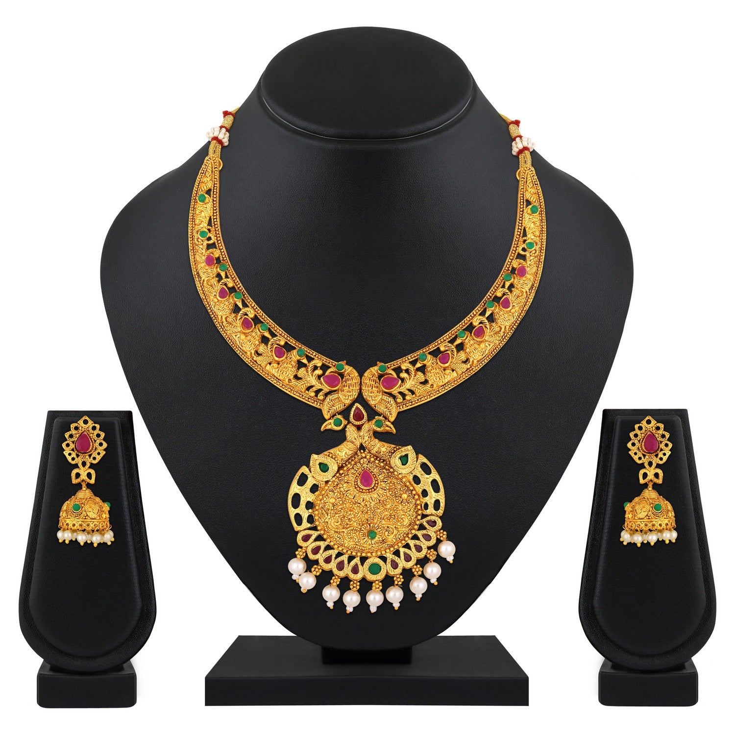 Jazz And Sizzle 22K Gold Plated Peacock Design Necklace Set with Matching Earrings