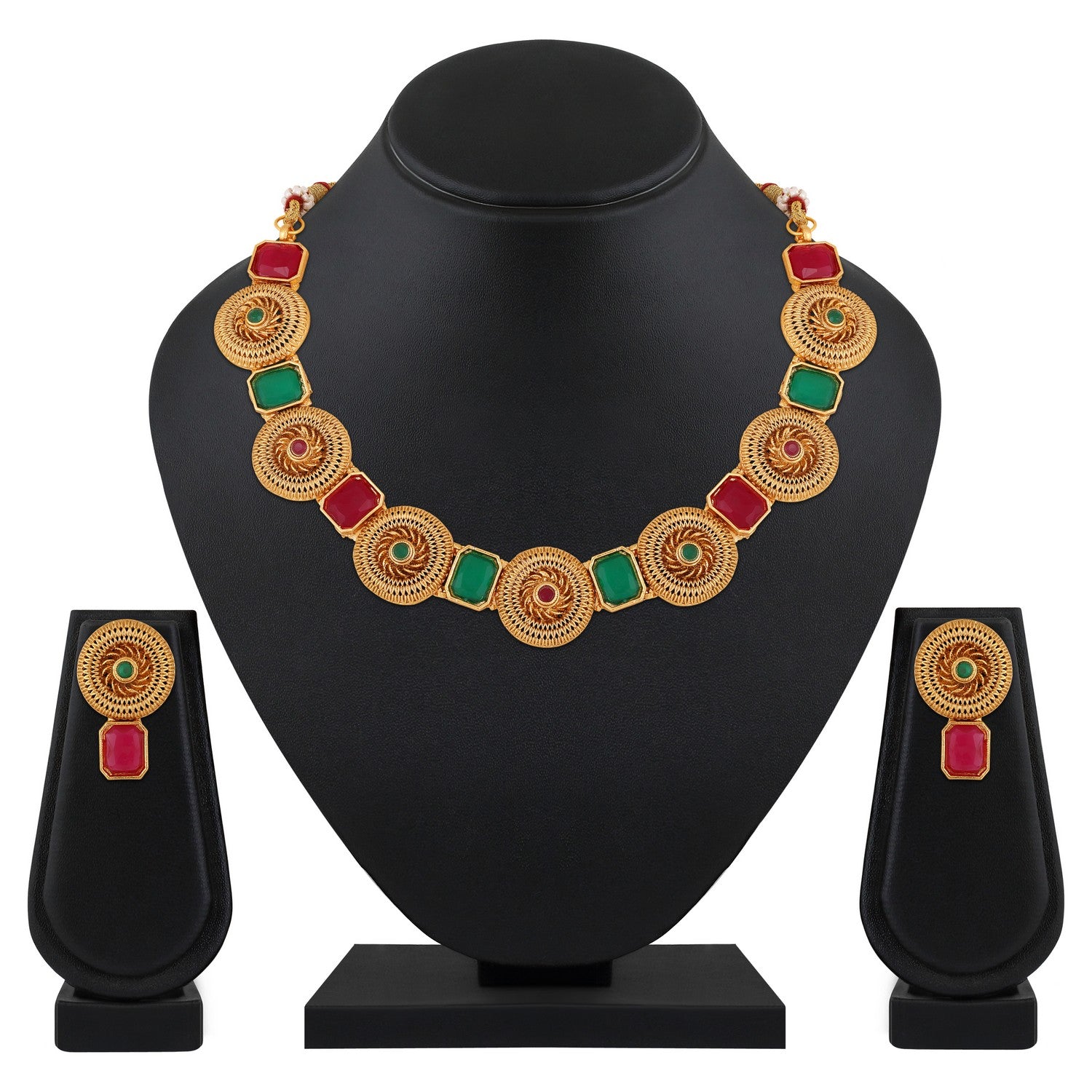 Jazz And Sizzle Gold-Plated Kundan-Studded Ruby & Green Stone Studded Necklace & Earrings Set (Copy)