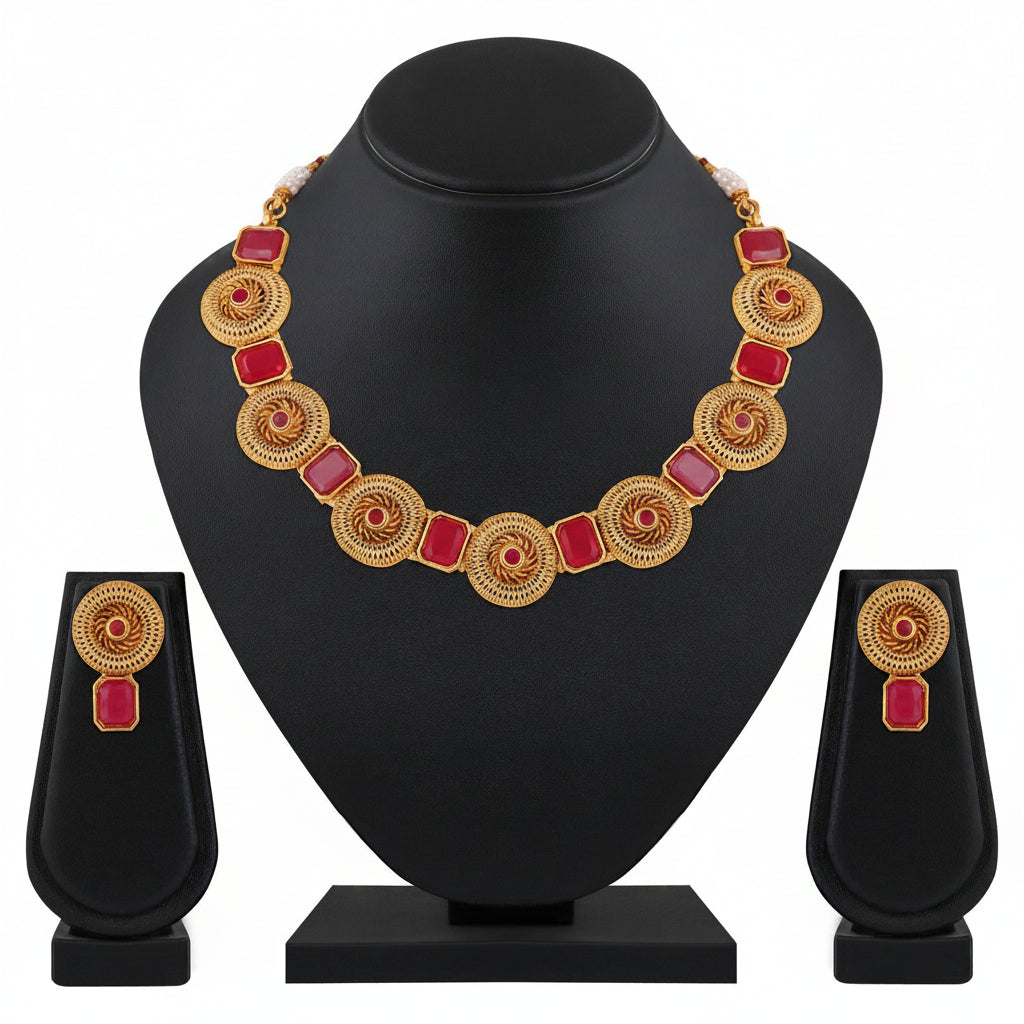 Jazz And Sizzle Gold-Plated Kundan-Studded Ruby Stone Studded Necklace & Earrings Set