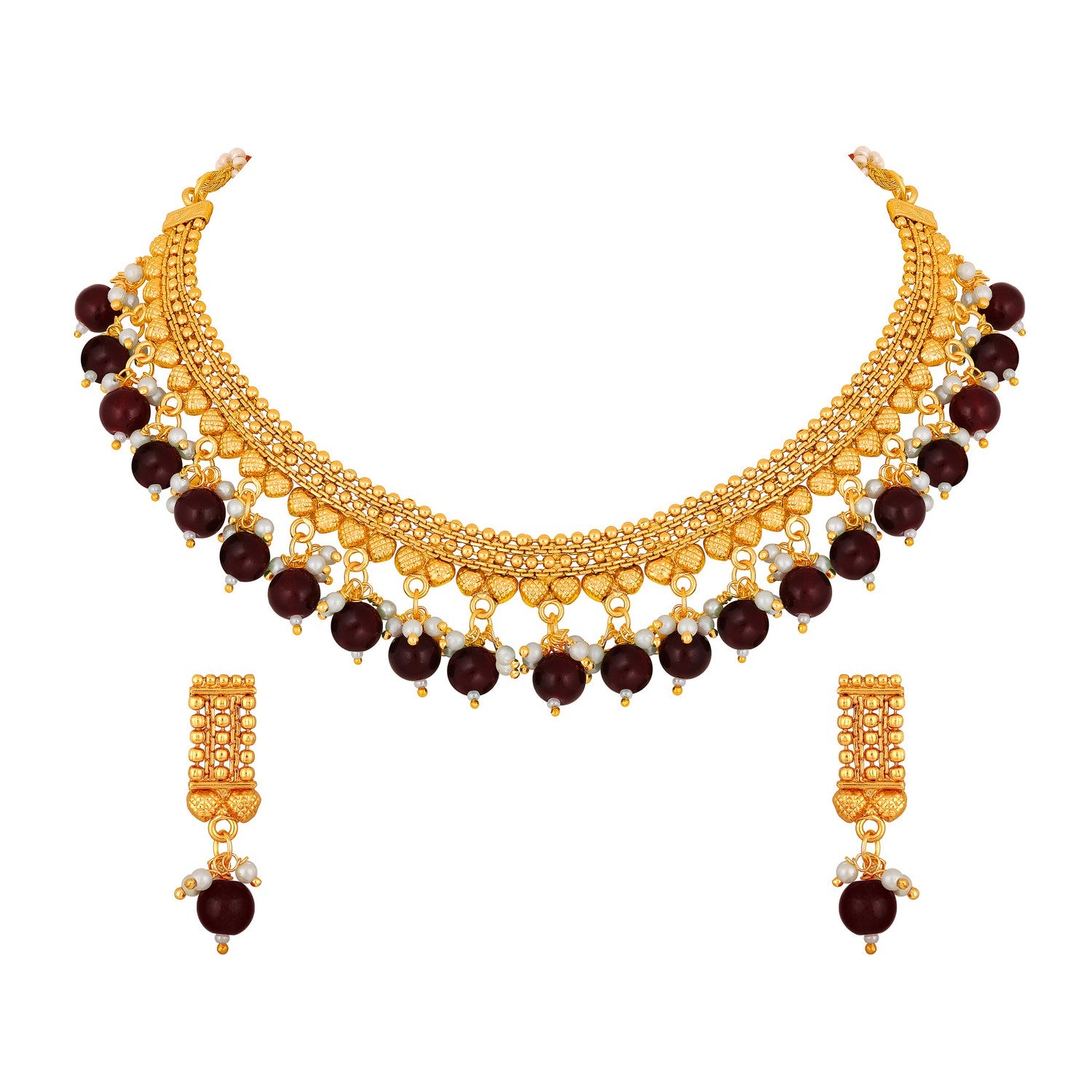 Jazz And Sizzle Gold-Plated Kundan-Studded Ruby & Green Stone Studded Necklace & Earrings Set (Copy) (Copy)