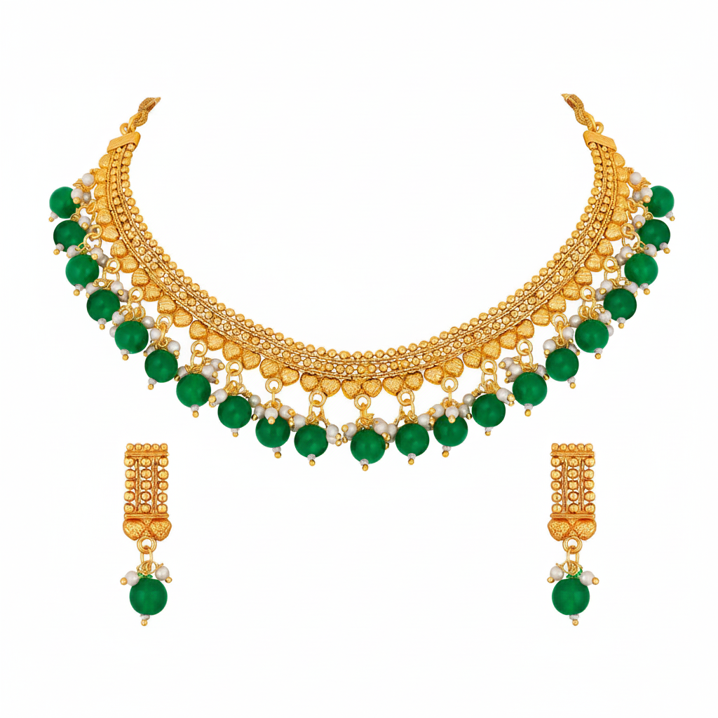 Jazz And Sizzle Gold-Plated Kundan-Studded & Green Pearls Beaded Necklace &Earrings Set