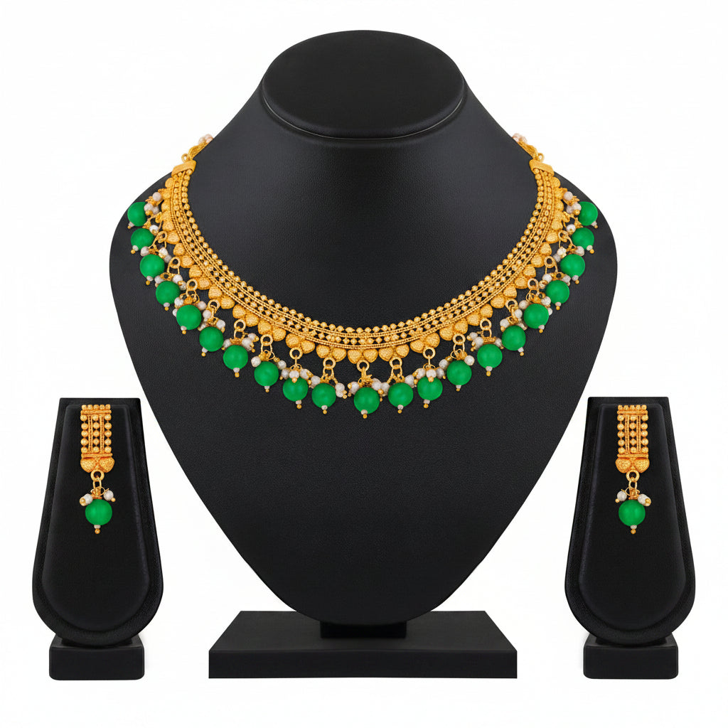 Jazz And Sizzle Gold-Plated Kundan-Studded & Ruby Red Pearls Beaded Necklace & Earrings Set 