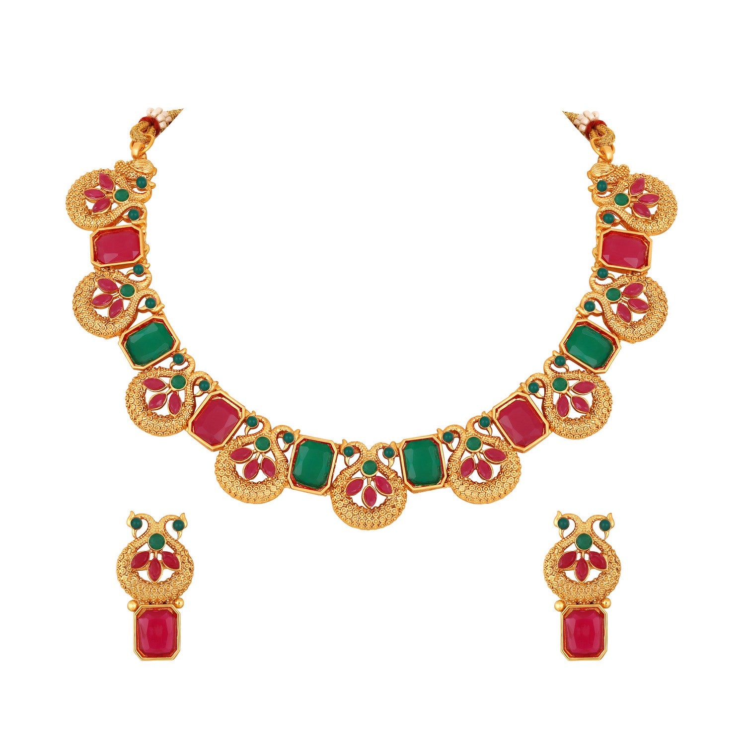 Jazz And Sizzle Gold-Plated Red & Green Stone Studded- Peacock Necklace Set