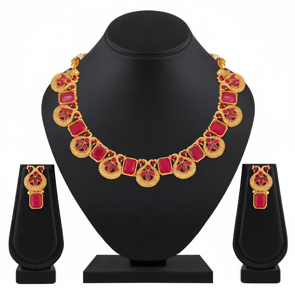 Jazz And Sizzle Gold-Plated Ruby Red Stone Studded- Peacock Necklace Set