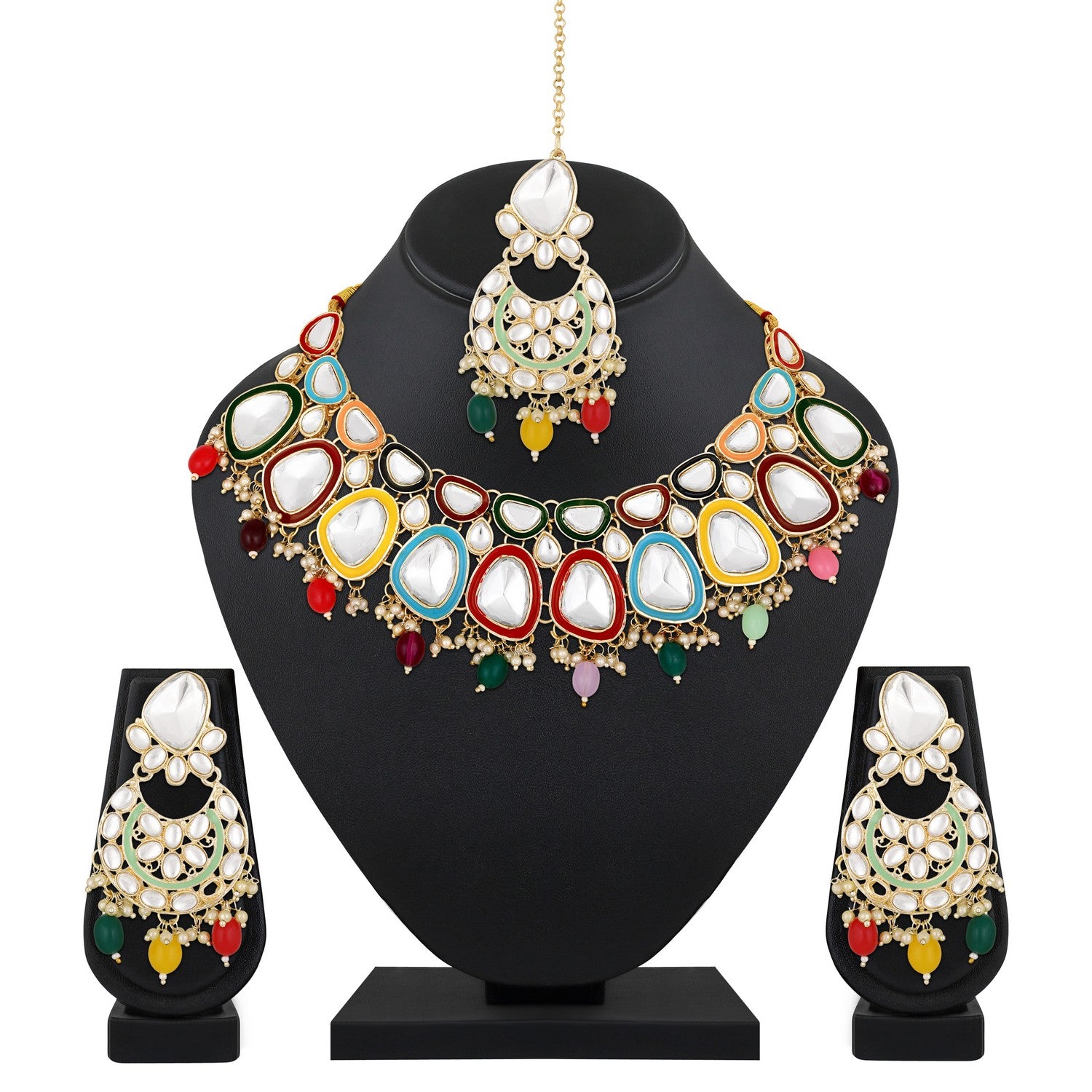 Jazz And Sizzle Gold-Plated Multicoloured Stone Studded Jewellery Set With Maangtikka