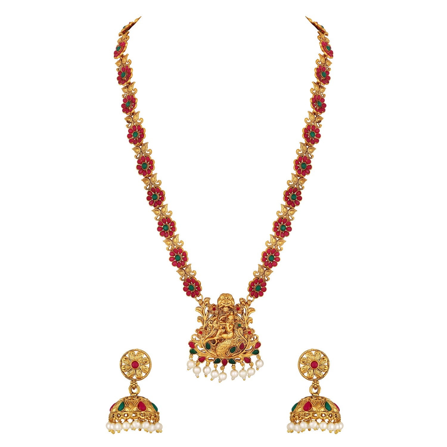 Jazz And Sizzle Gold-Plated Faux Ruby Studded Floral & Krishna Motif Temple Jewelry Set