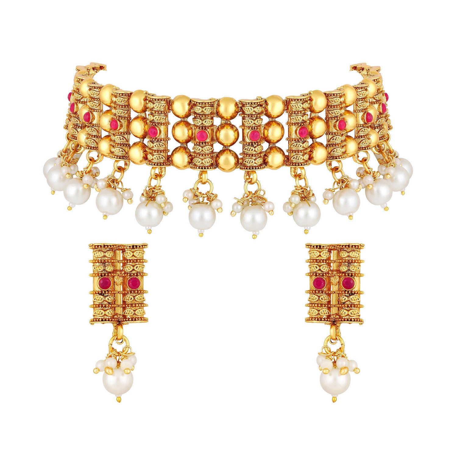 Jazz And Sizzle Gold-Plated Stone -Studded & Pearl Beaded Necklace & Earrings Set
