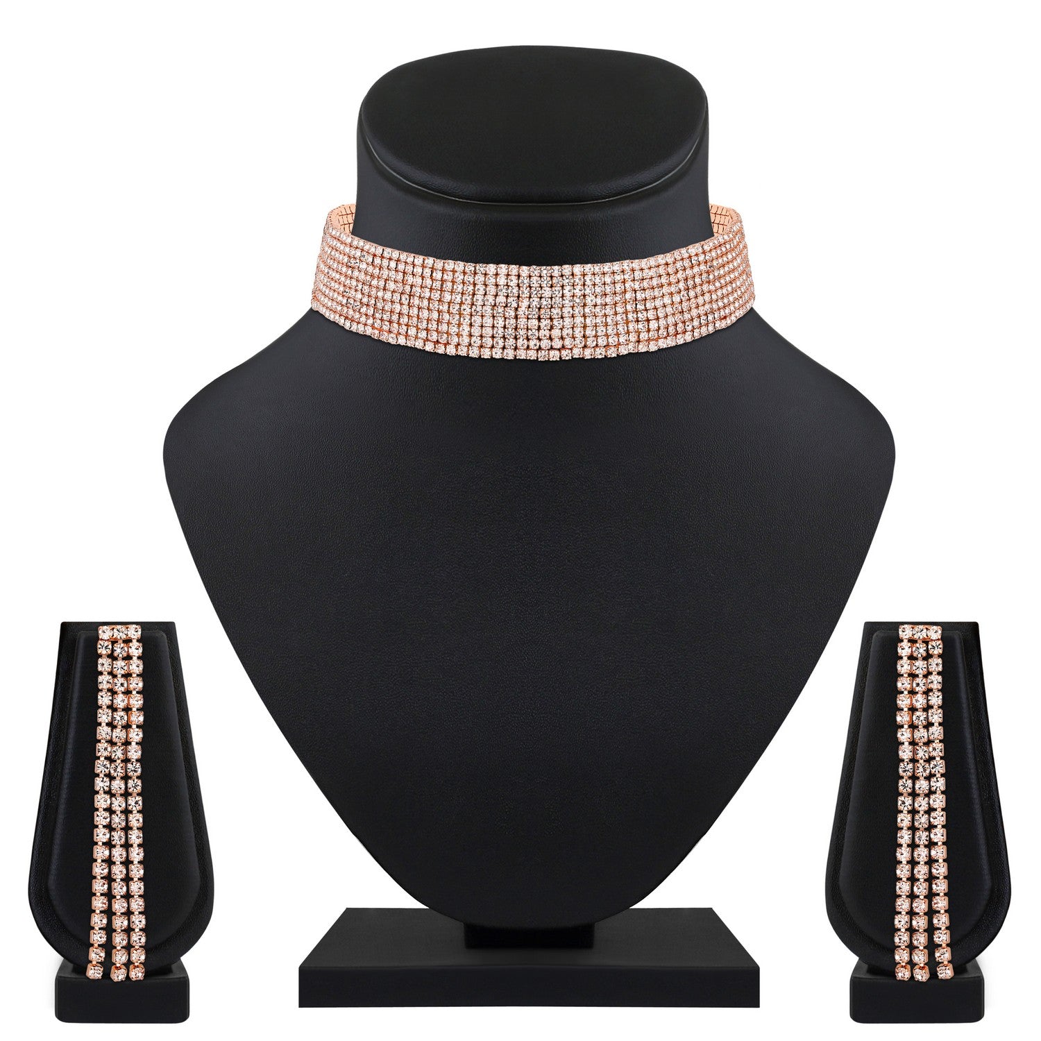 Jazz And Sizzle 18 k RoseGold Plated Crystal AD & Zirconia Studded MultiStrand Statement Jewellery Set