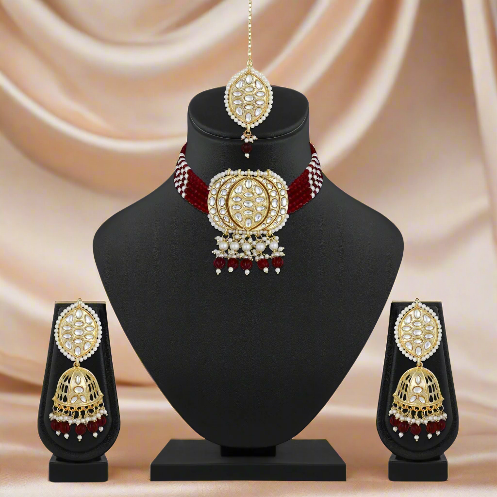 Jazz And Sizzle Gold-Plated Kundan-Studded & Beaded Maroon Necklace & Earrings Set with Maangtikka