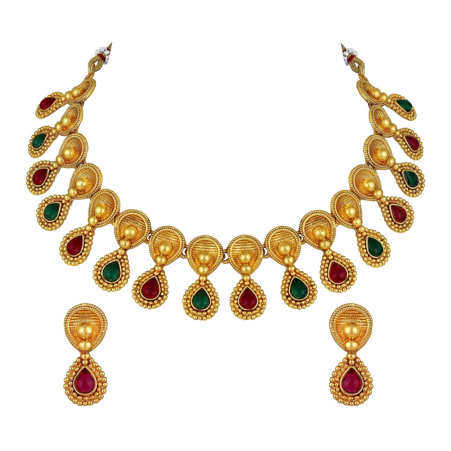 Jazz And Sizzle Gold-Plated Green & Red Stone Studded Temple Necklace & Earrings Set
