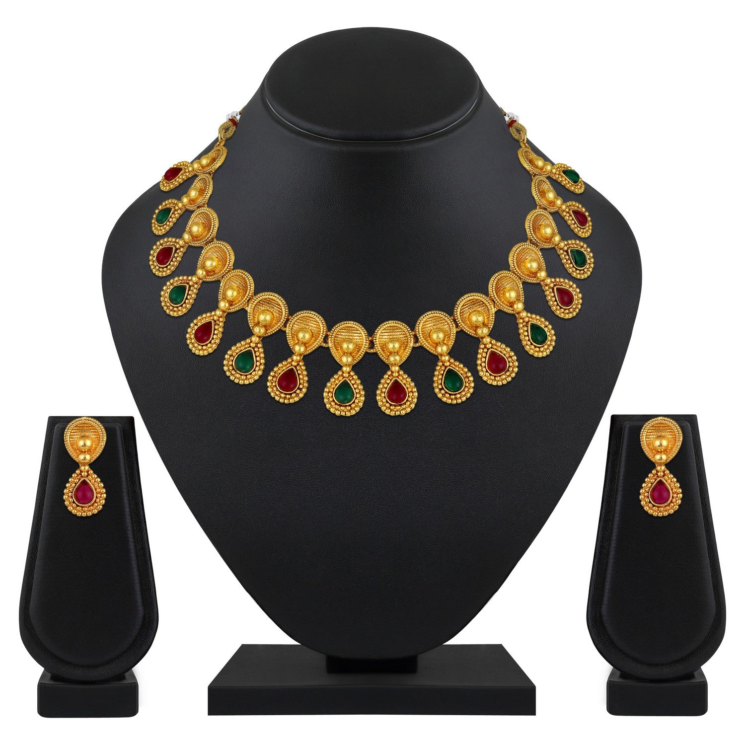 Jazz And Sizzle Gold-Plated Green & Red Stone Studded Temple Necklace & Earrings Set
