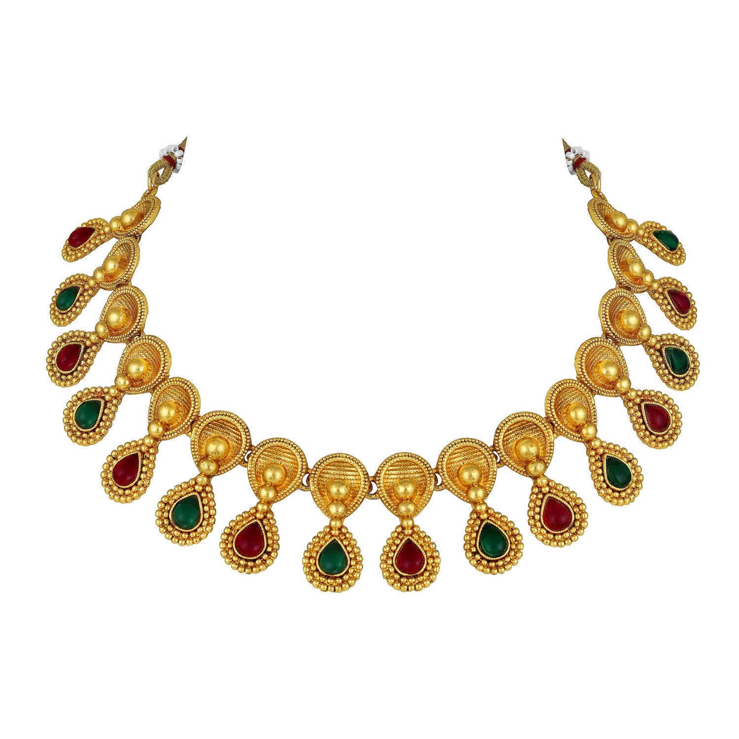 Jazz And Sizzle Gold-Plated Green & Red Stone Studded Temple Necklace & Earrings Set