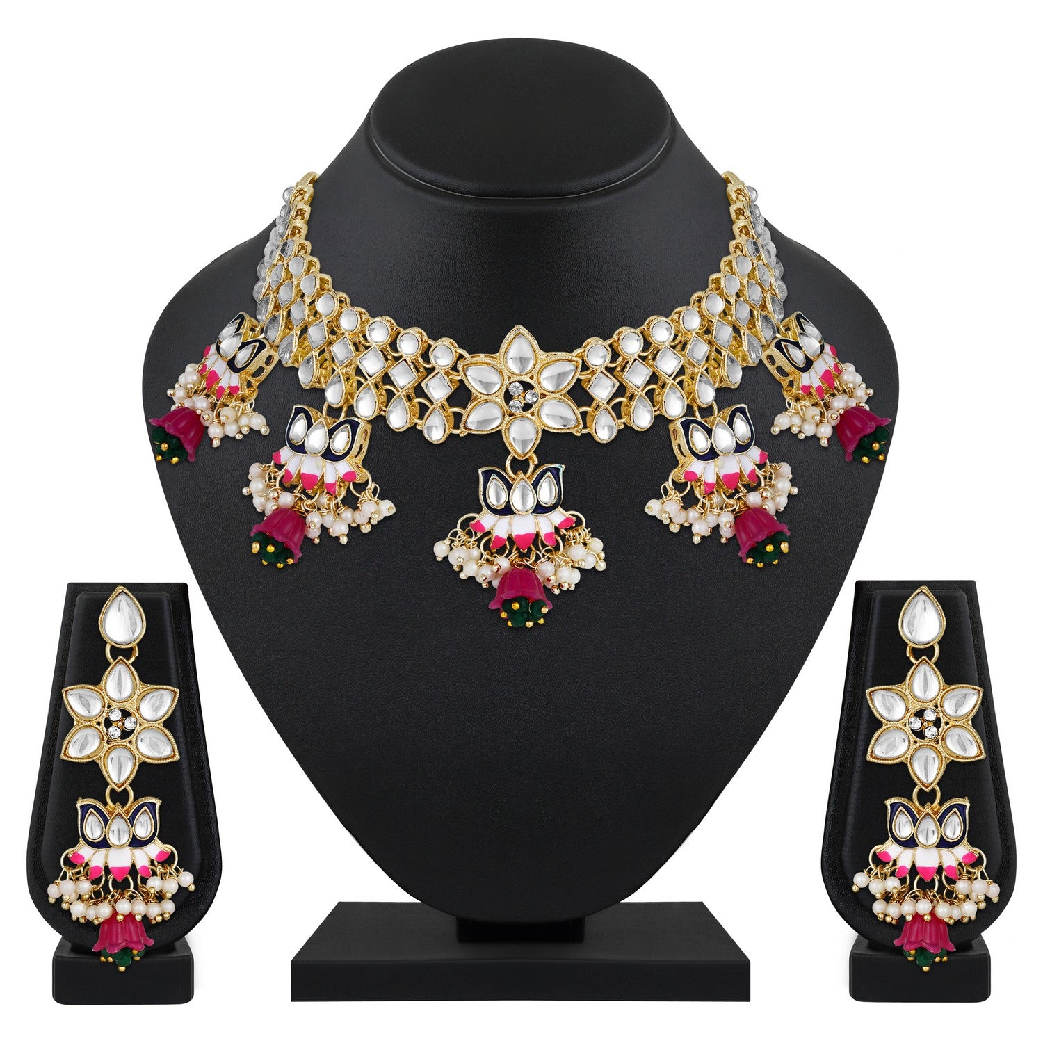 Jazz And Sizzle Gold-Plated Kundan-Studded & Black & Red Minakari Necklace & Earrings Set