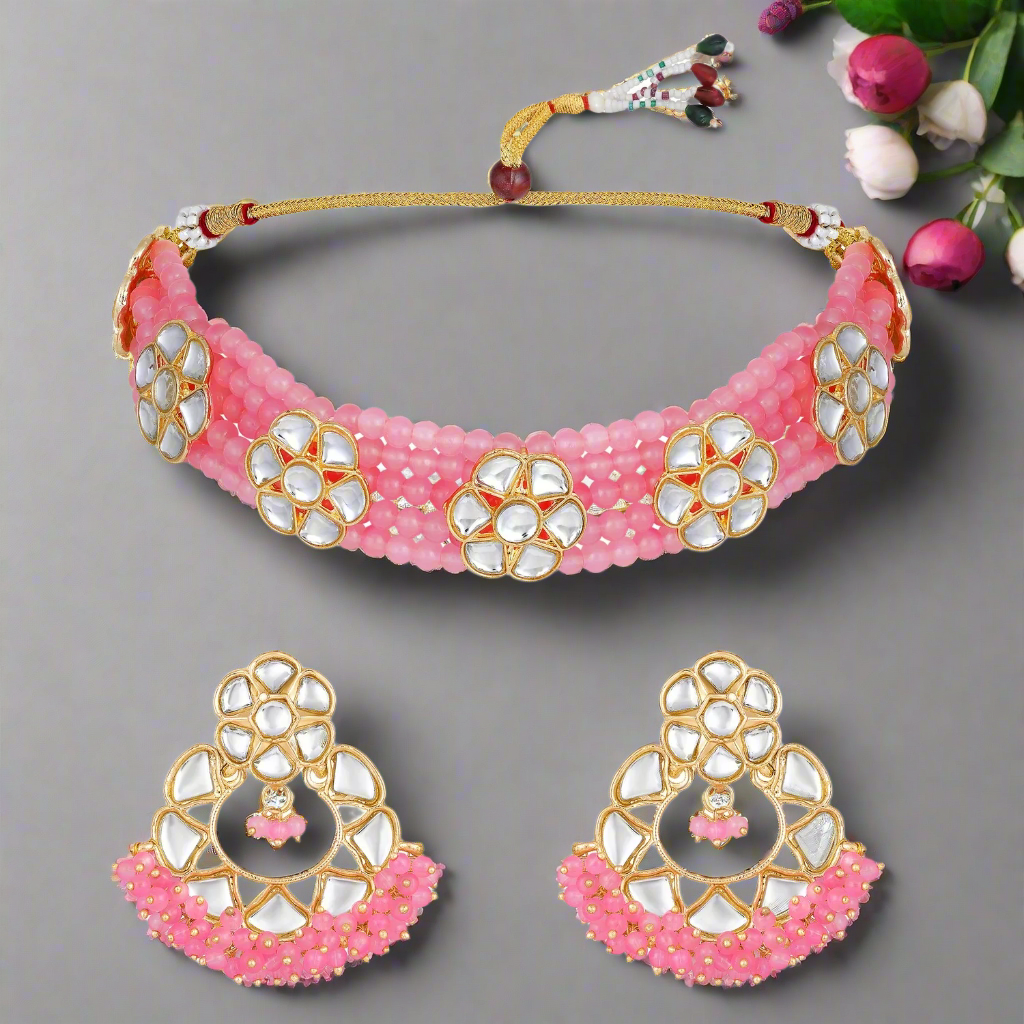 Jazz And Sizzle Gold-Plated Baby Pink Kundan-Studded & Beaded Necklace & Earrings Set