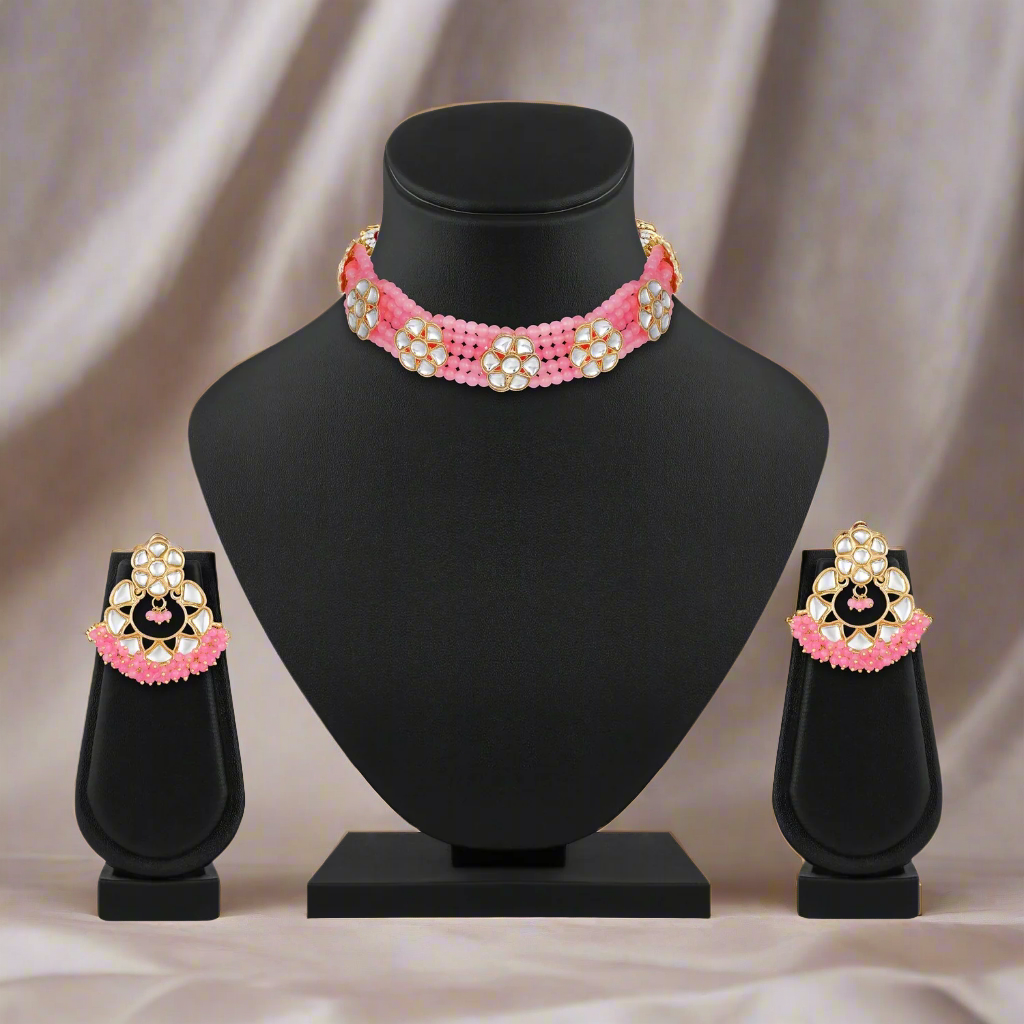 Jazz And Sizzle Gold-Plated Baby Pink Kundan-Studded & Beaded Necklace & Earrings Set