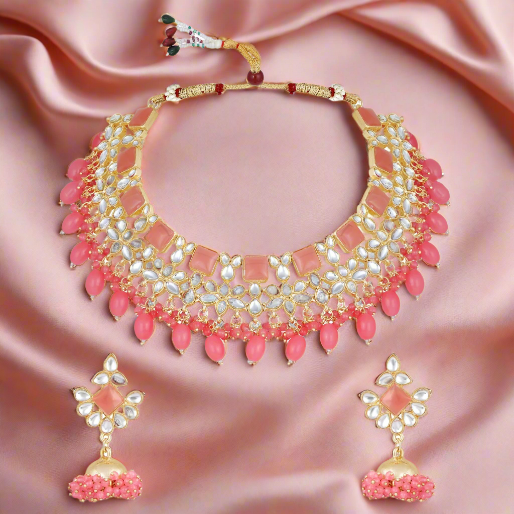 Jazz And Sizzle Gold-Plated Peach Pink Kundan-Studded & Beaded Necklace & Earrings Set