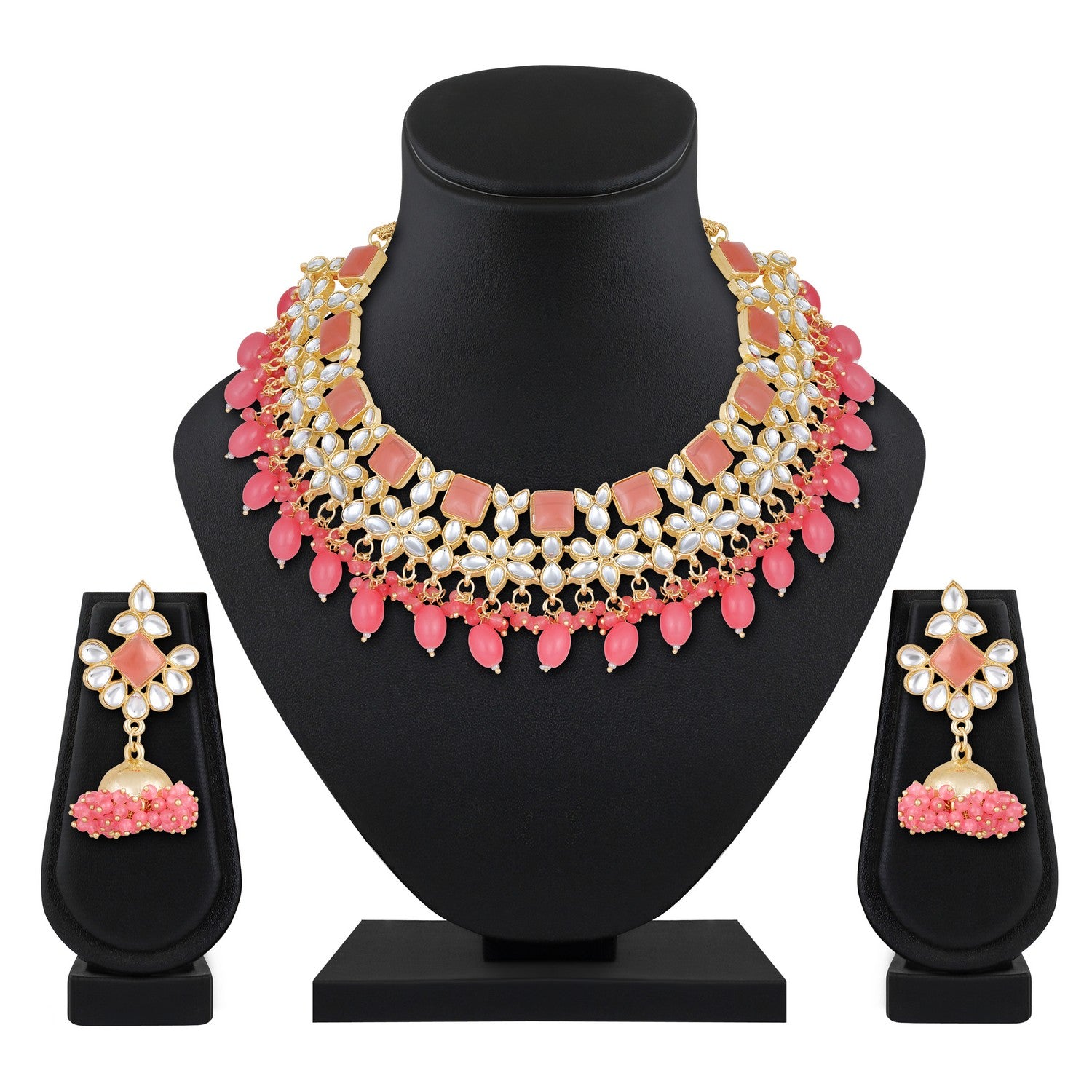 Jazz And Sizzle Gold-Plated Peach Pink Kundan-Studded & Beaded Necklace & Earrings Set