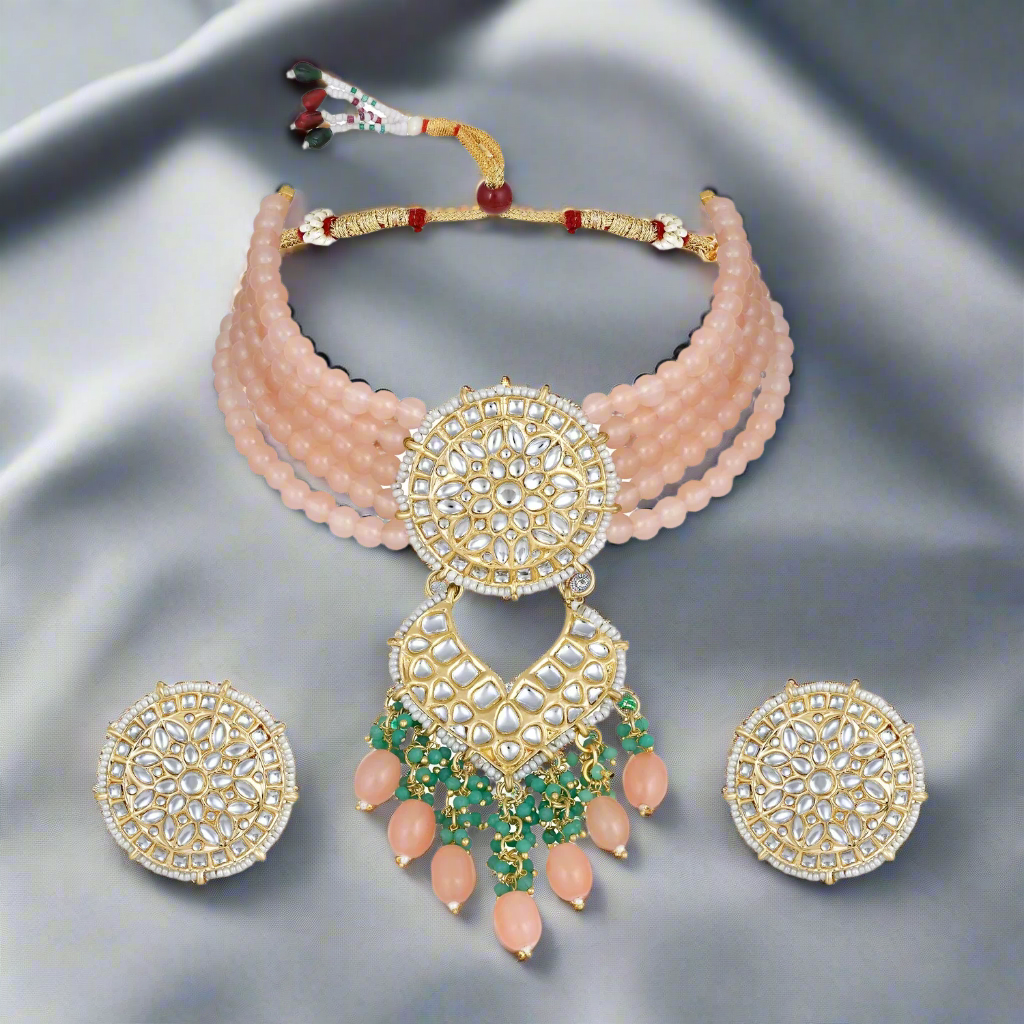 Jazz And Sizzle Gold-Plated Kundan-Studded & Beaded Necklace & Earrings Set